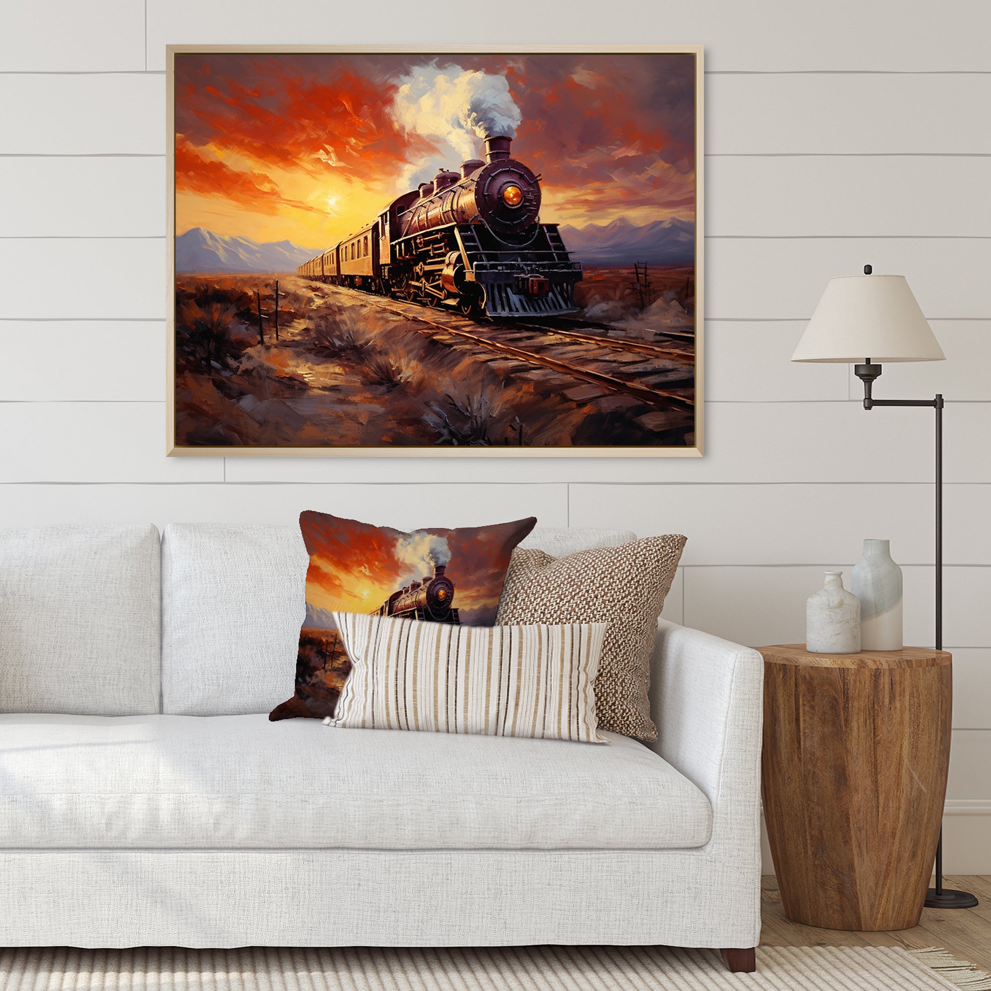 Steam train Travelling Sunset Landscape Painting I - Train Canvas Wall Art