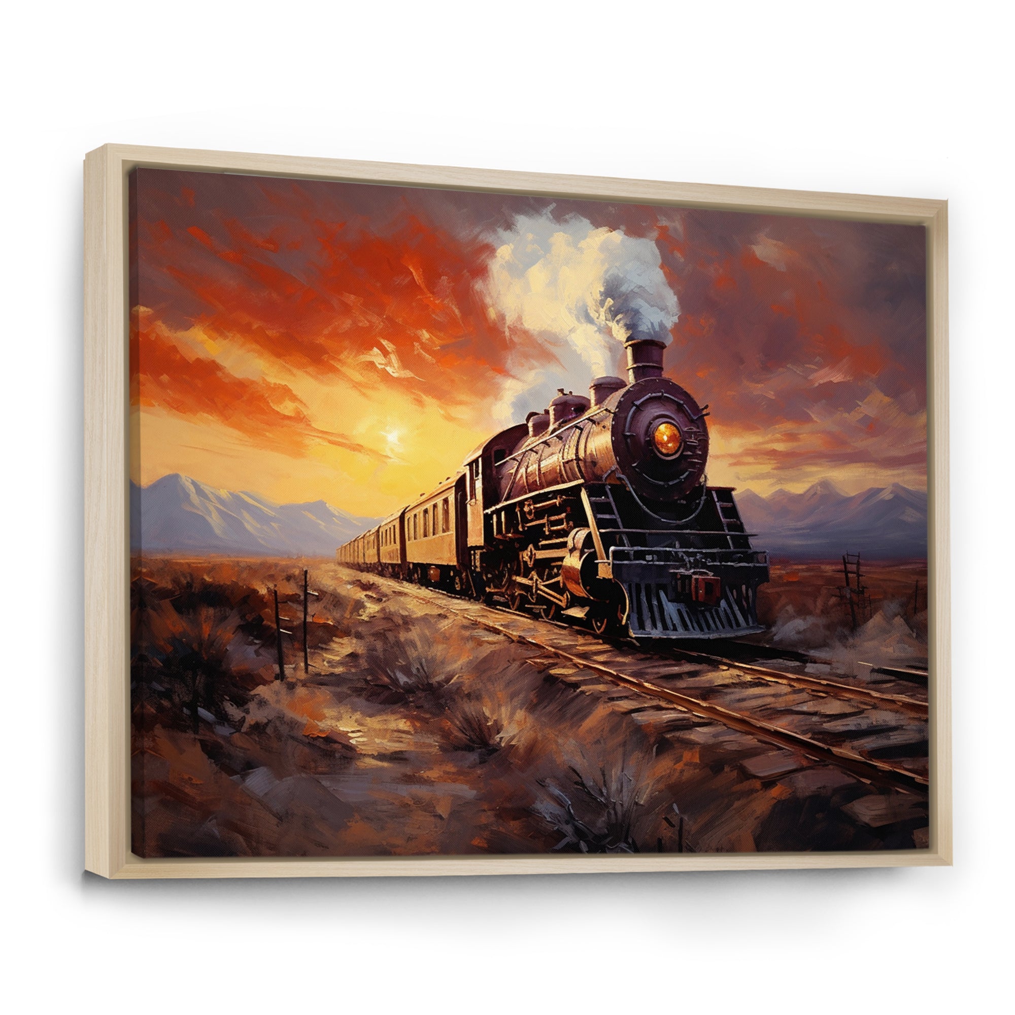 Steam train Travelling Sunset Landscape Painting I - Train Canvas Wall Art