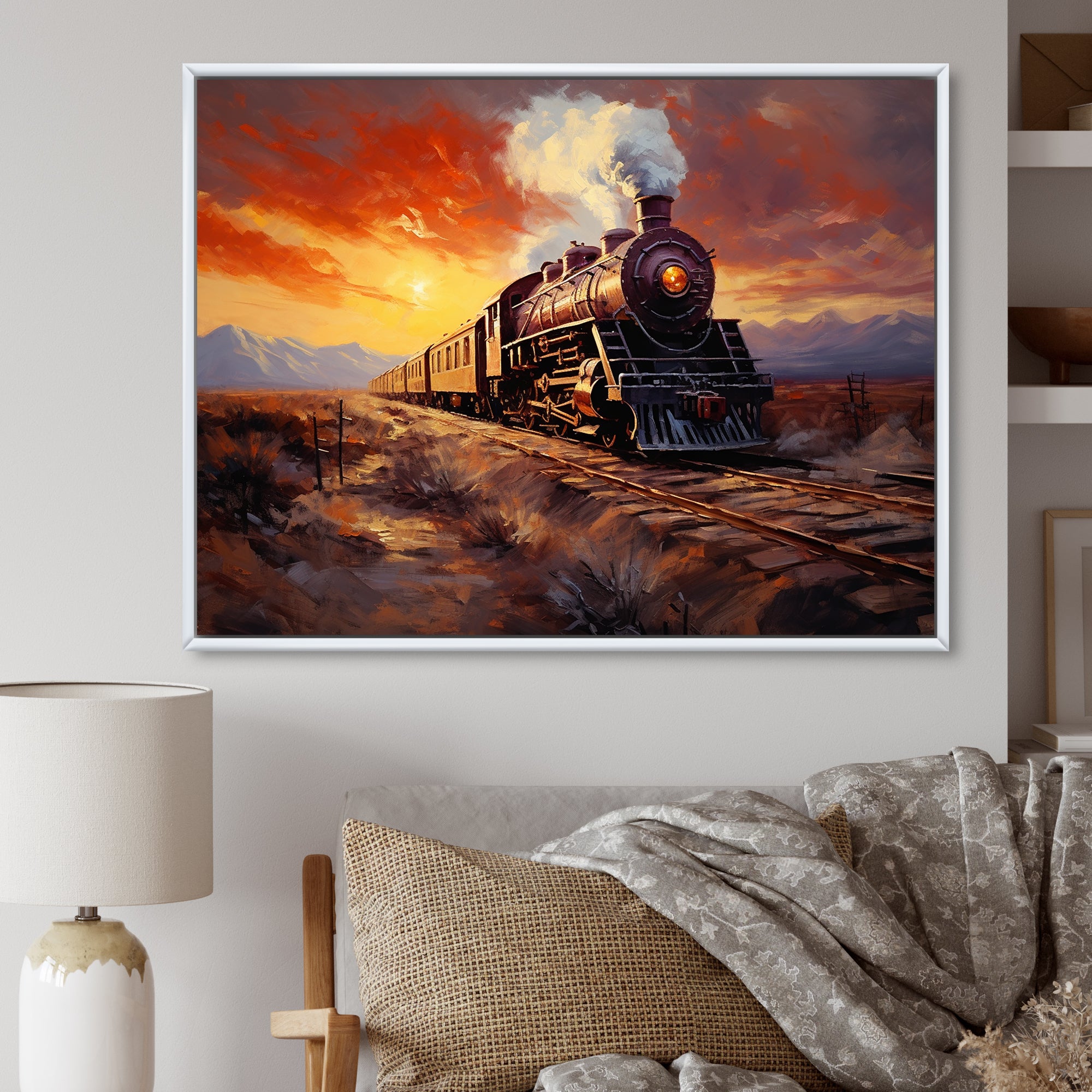 Steam train Travelling Sunset Landscape Painting I - Train Canvas Wall Art