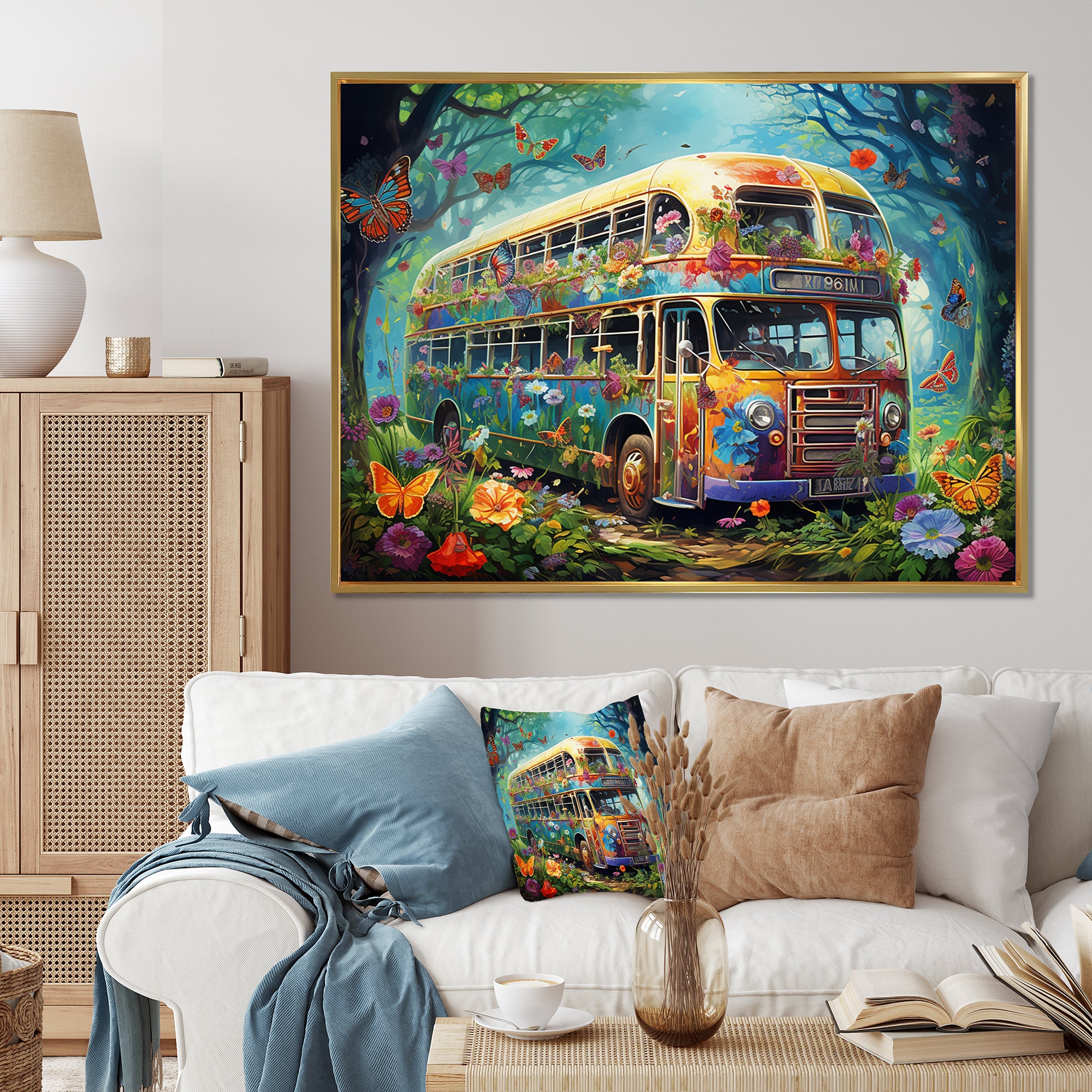 Magic Hippie Bus In The Flower Forest - Car Van Canvas Wall Art