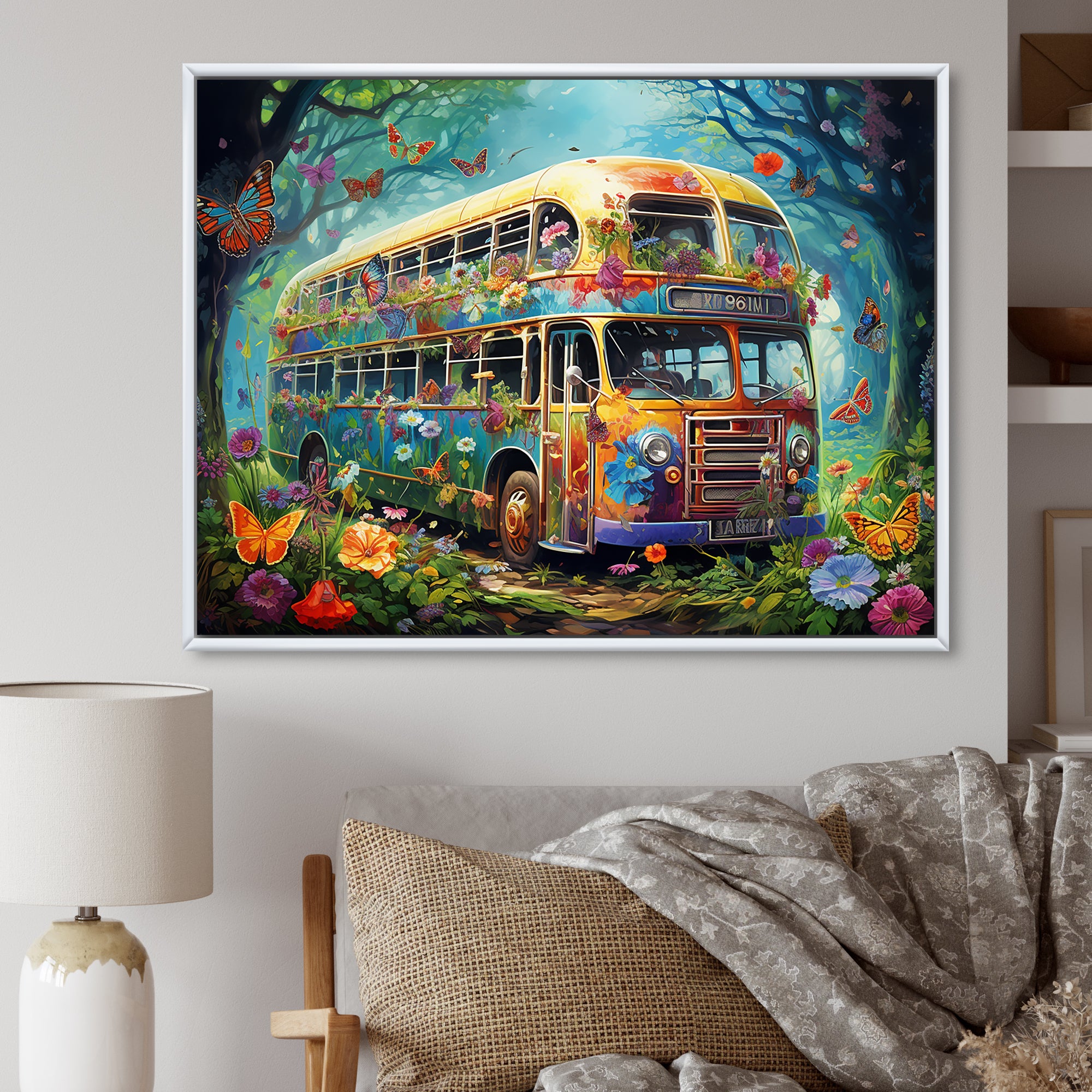 Magic Hippie Bus In The Flower Forest - Car Van Canvas Wall Art