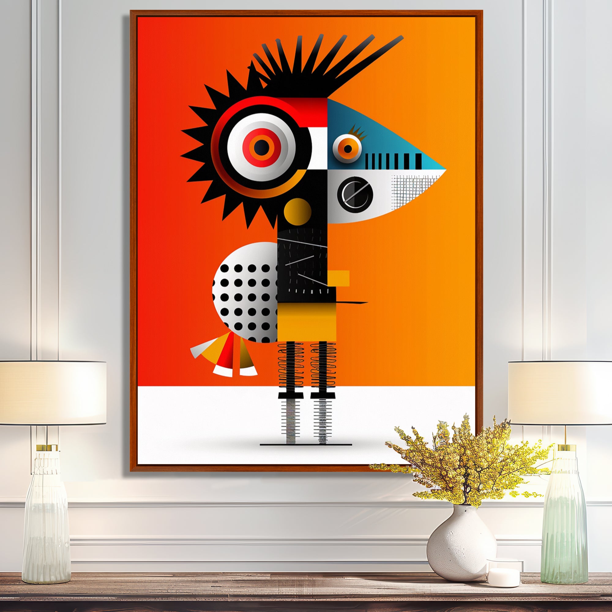 Strange Friendly Creature On Yellow - Bird Canvas Wall Art
