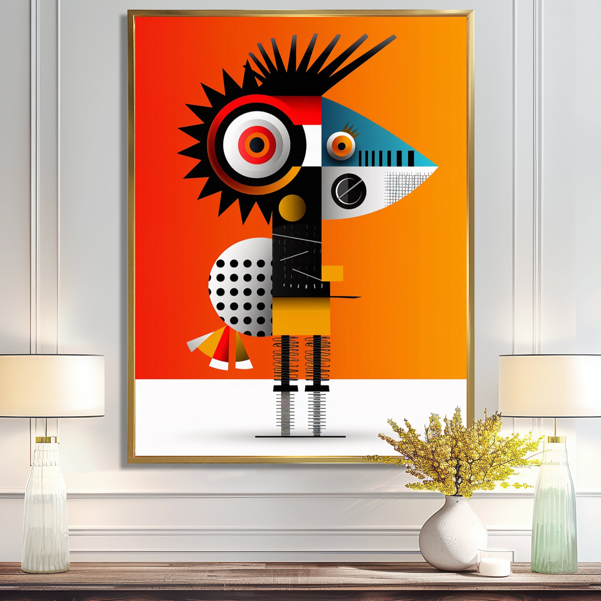 Strange Friendly Creature On Yellow - Bird Canvas Wall Art