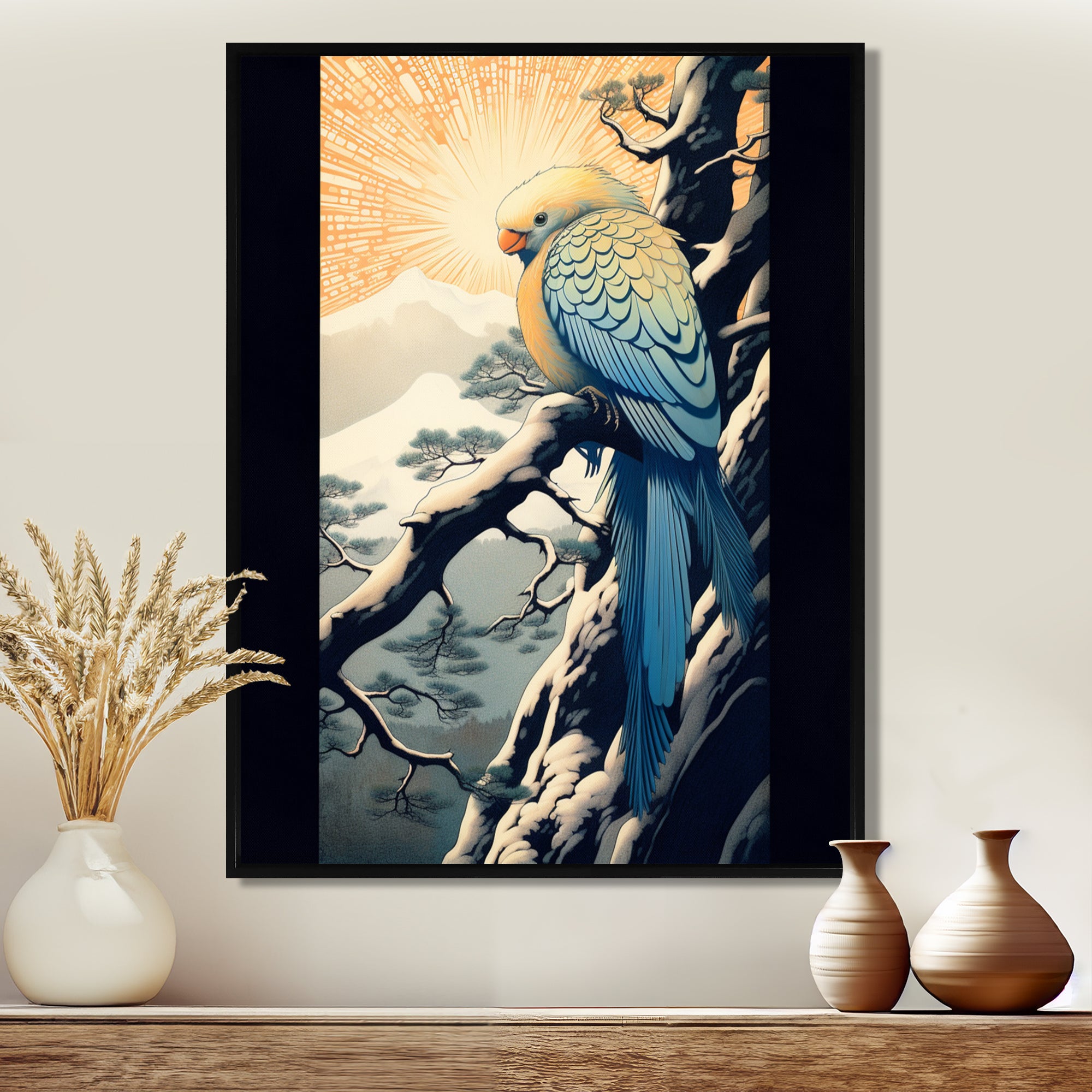Blue Bird On Winter Brench - Bird Home Decor Art