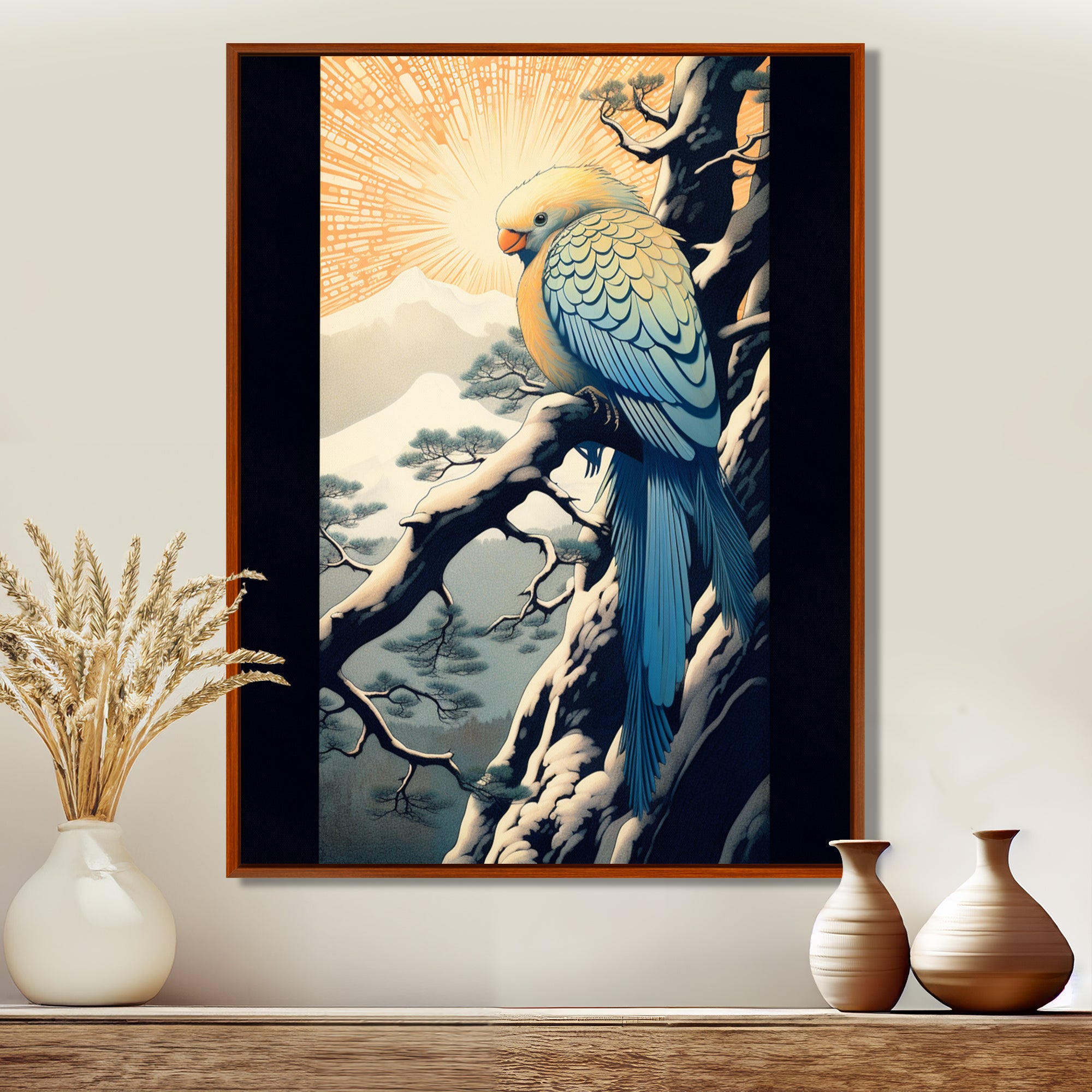 Blue Bird On Winter Brench - Bird Home Decor Art