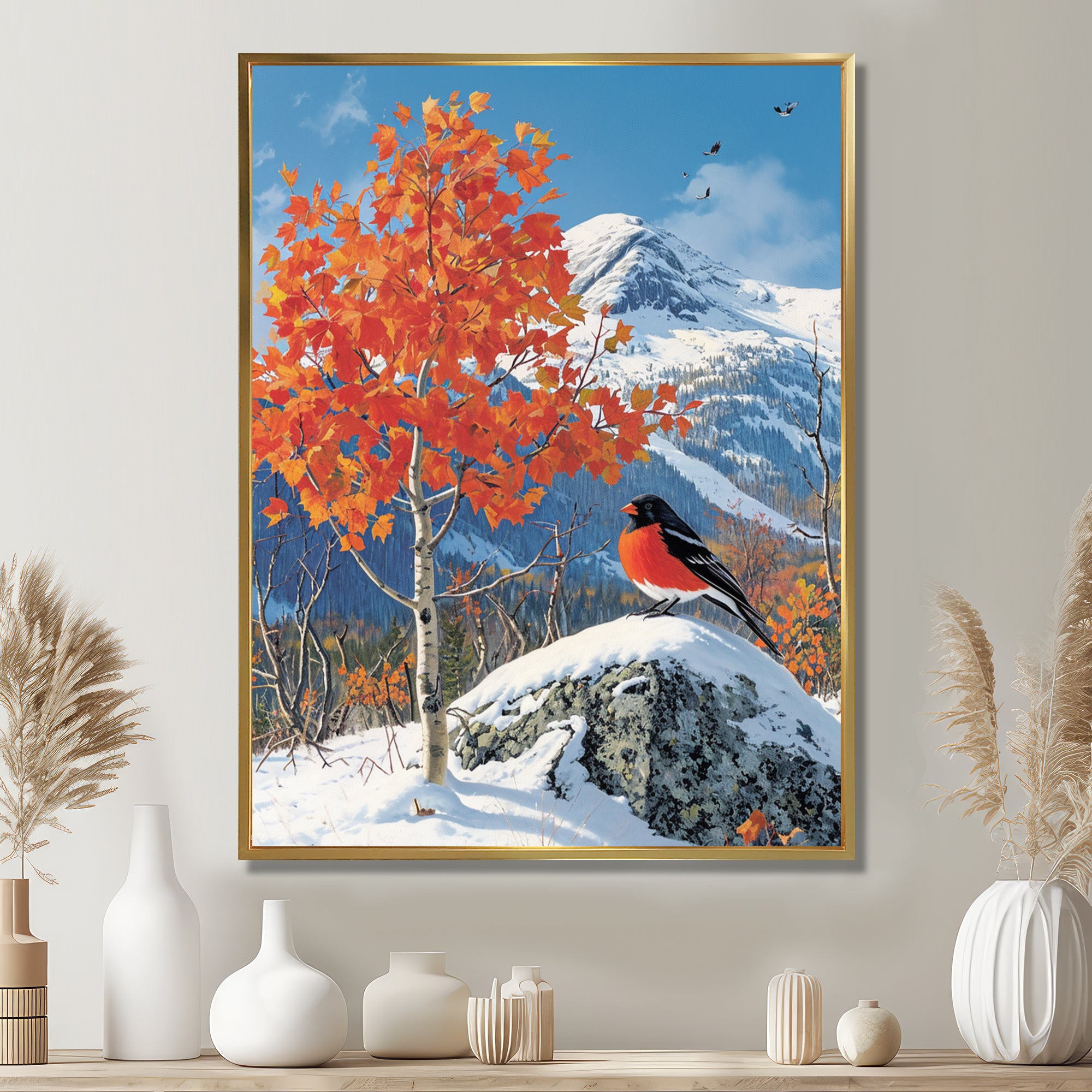 Cardinal Bird In Winter Mountain Landscape - Bird Living Room Wall Art