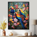 Three Parrots In Tropical Flower Jungle - Parrot Framed Canvas Art