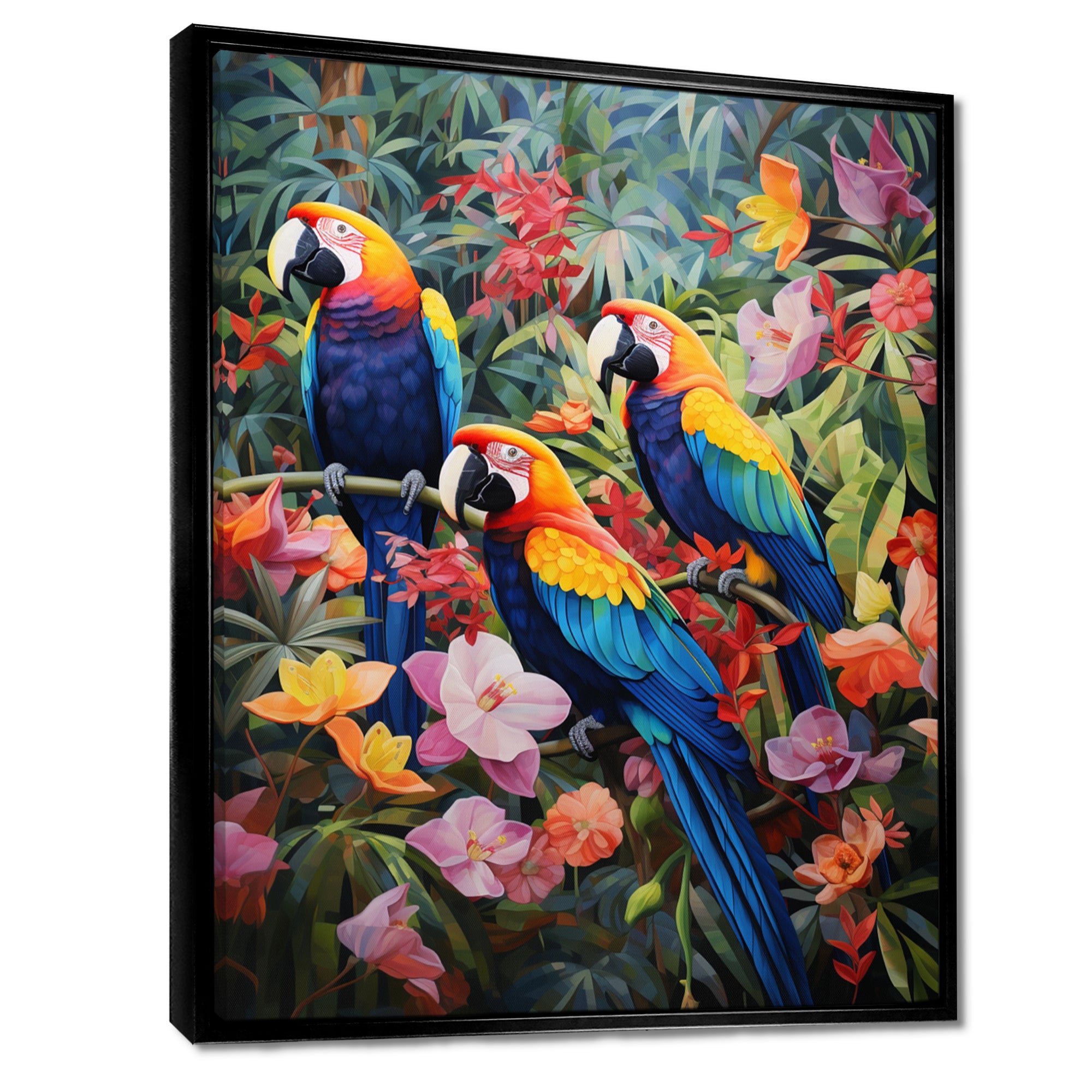 Three Parrots In Tropical Flower Jungle - Parrot Framed Canvas Art