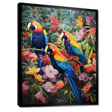 Three Parrots In Tropical Flower Jungle - Parrot Framed Canvas Art