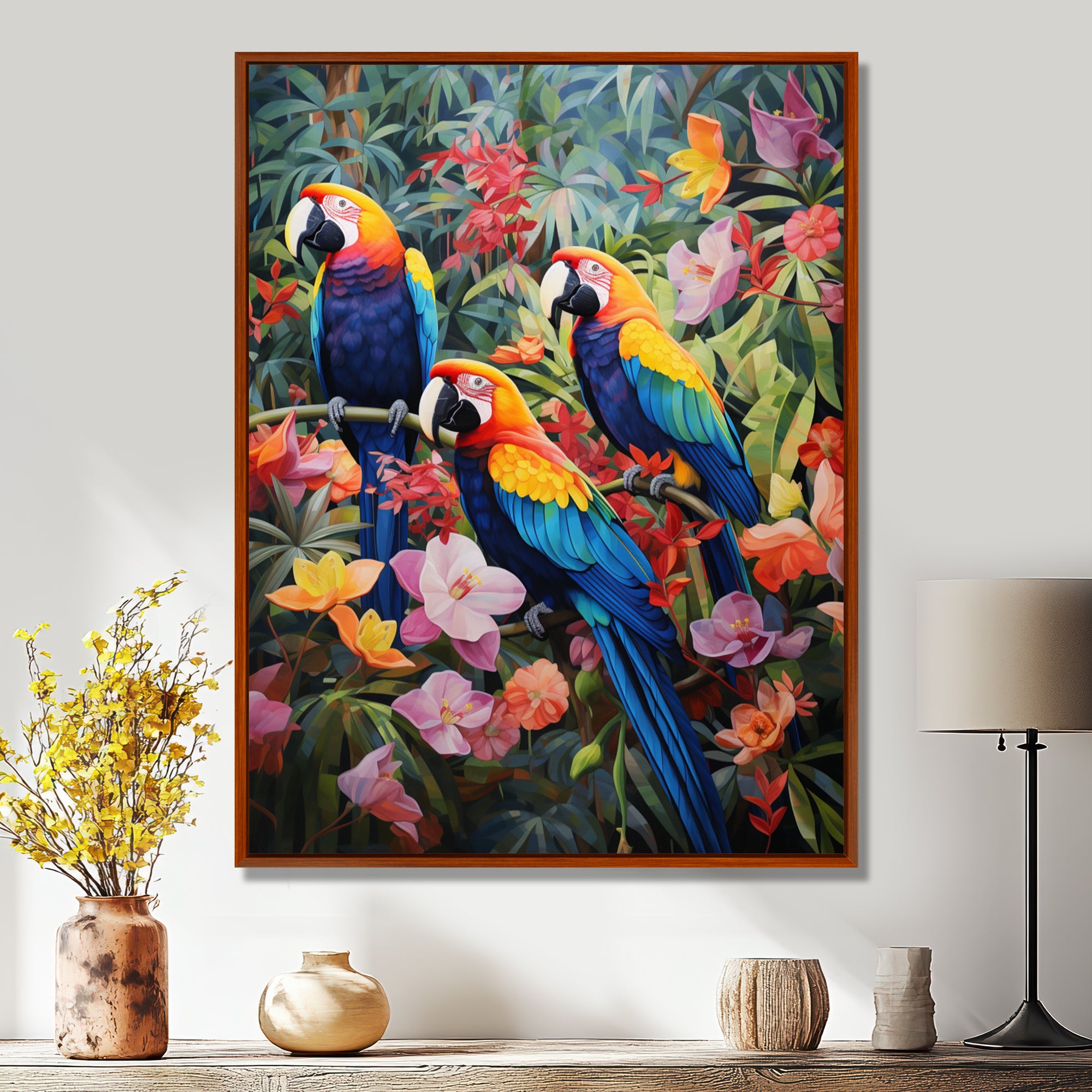 Three Parrots In Tropical Flower Jungle - Parrot Framed Canvas Art