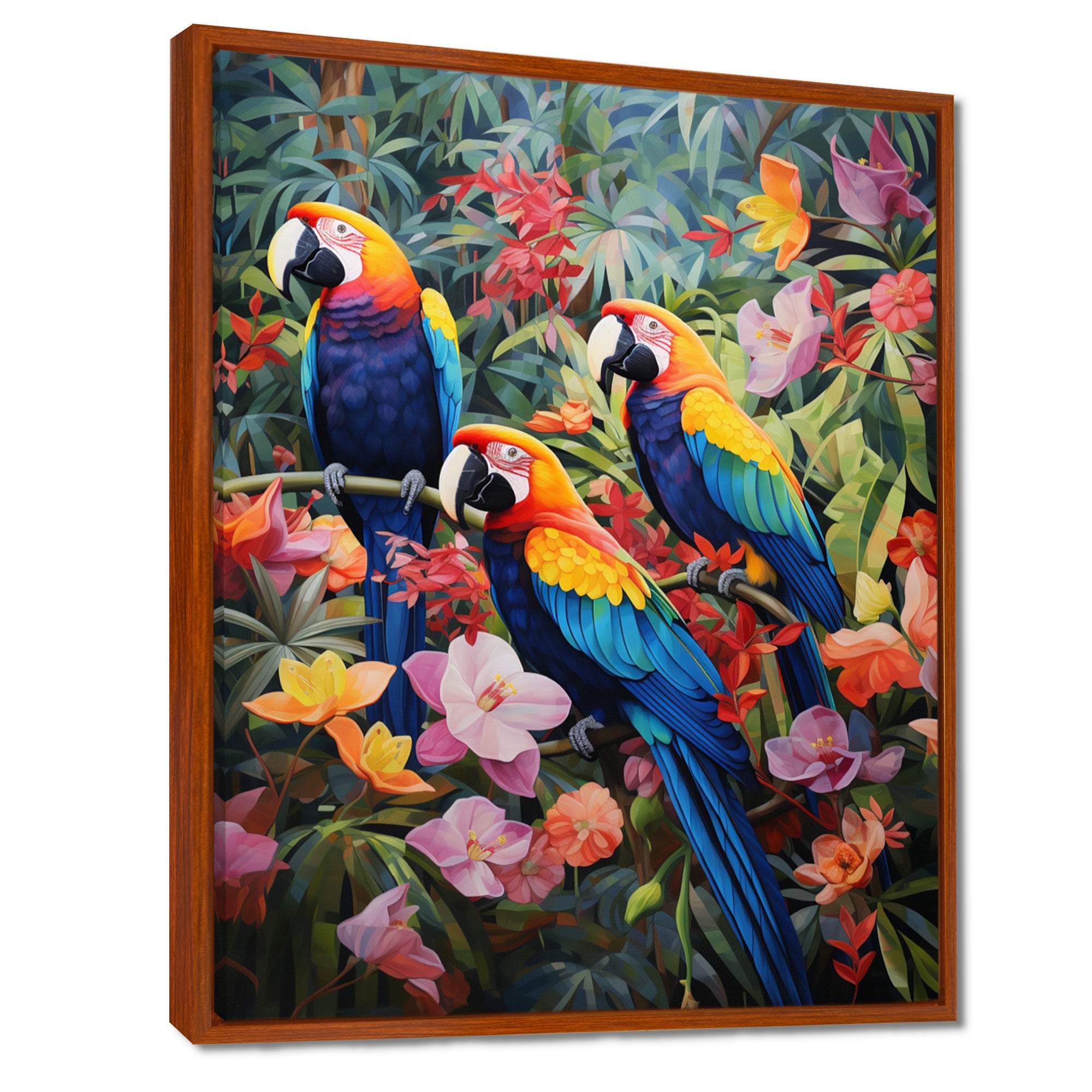 Three Parrots In Tropical Flower Jungle - Parrot Framed Canvas Art