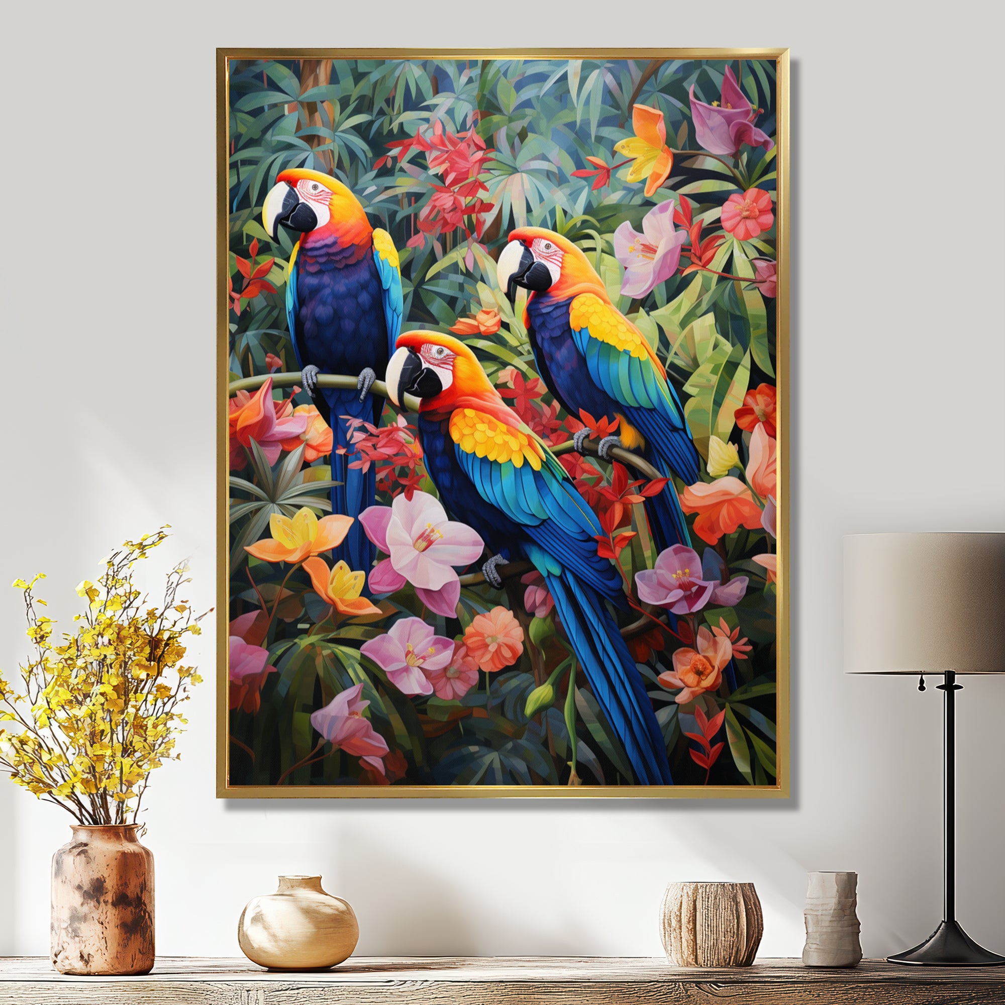 Three Parrots In Tropical Flower Jungle - Parrot Framed Canvas Art
