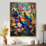 Three Parrots In Tropical Flower Jungle - Parrot Framed Canvas Art