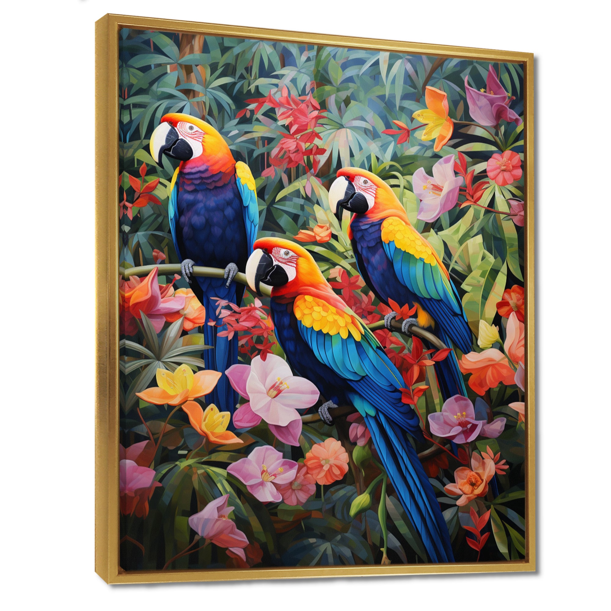 Three Parrots In Tropical Flower Jungle - Parrot Framed Canvas Art
