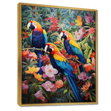 Three Parrots In Tropical Flower Jungle - Parrot Framed Canvas Art