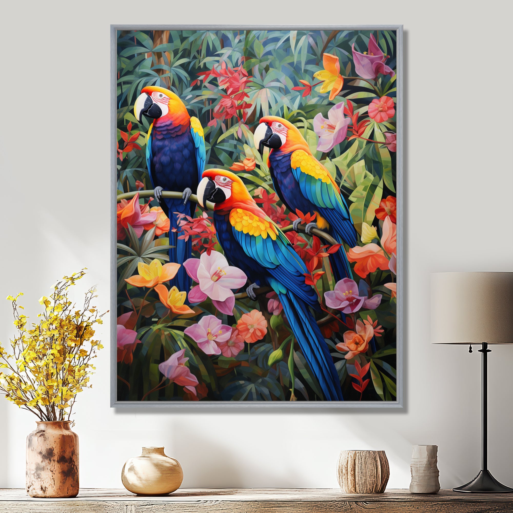 Three Parrots In Tropical Flower Jungle - Parrot Framed Canvas Art