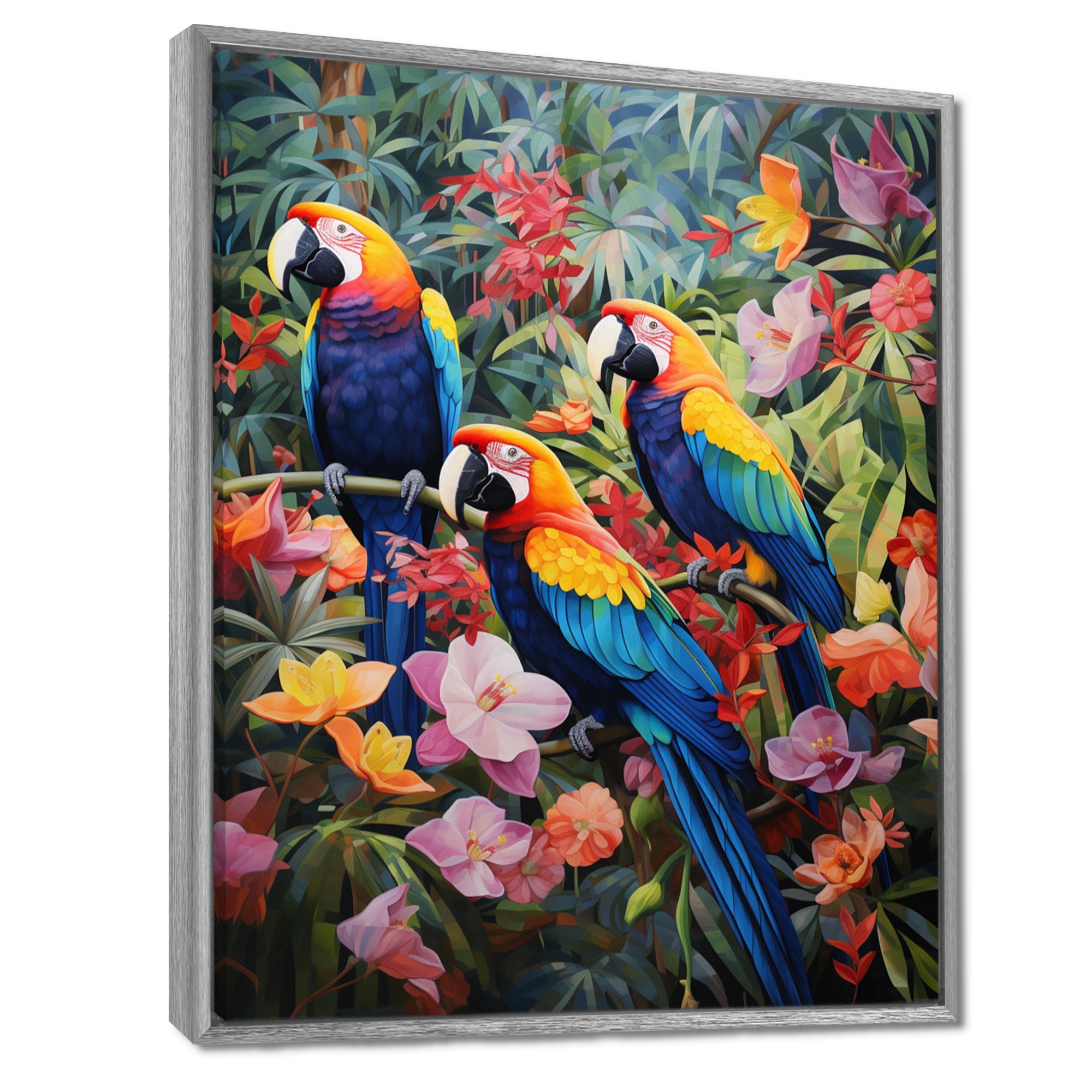 Three Parrots In Tropical Flower Jungle - Parrot Framed Canvas Art