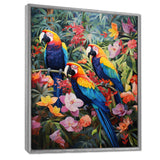 Three Parrots In Tropical Flower Jungle - Parrot Framed Canvas Art