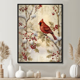Red Cardinal Bird On Branch Christmas Wood - Bird Large Canvas Wall Art