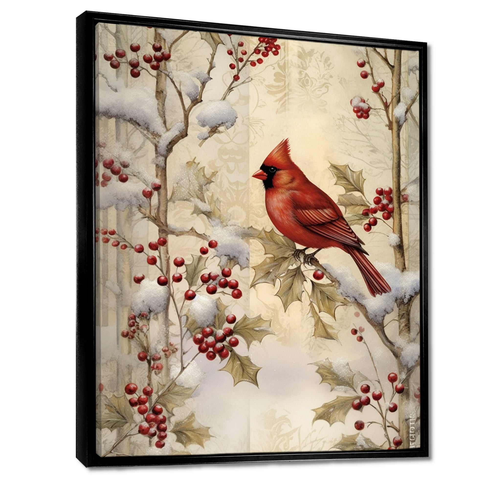 Red Cardinal Bird On Branch Christmas Wood - Bird Large Canvas Wall Art