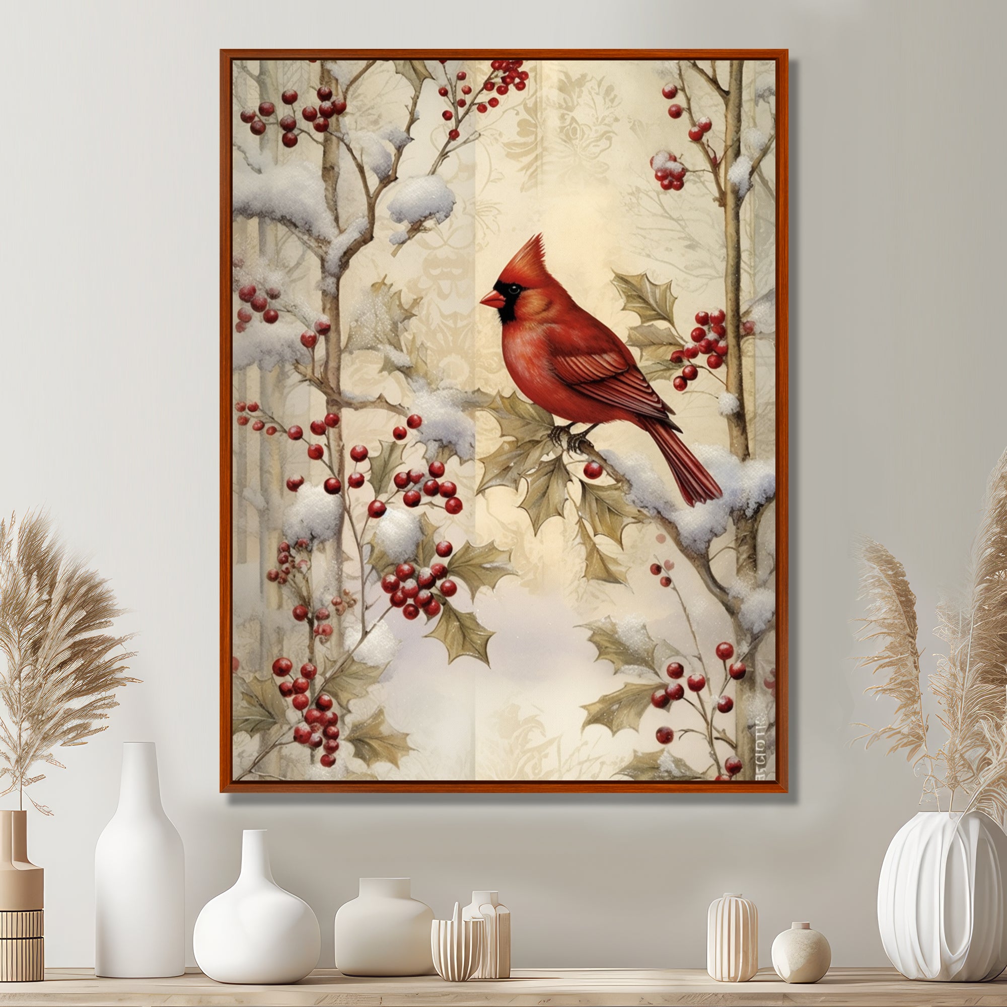 Red Cardinal Bird On Branch Christmas Wood - Bird Large Canvas Wall Art