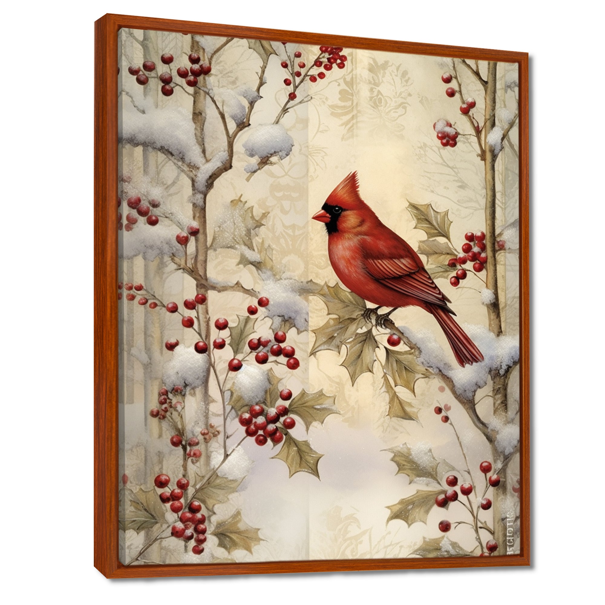 Red Cardinal Bird On Branch Christmas Wood - Bird Large Canvas Wall Art