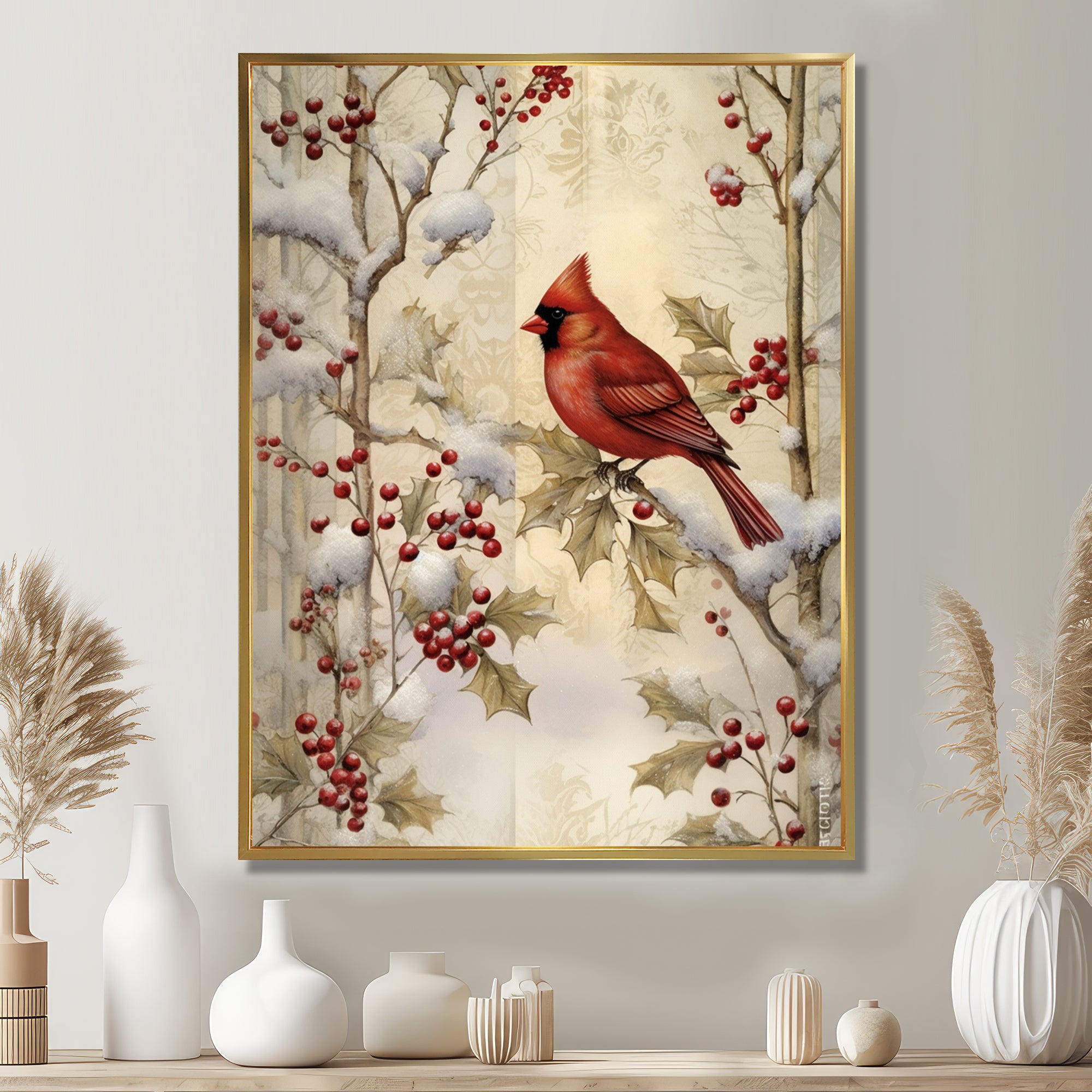 Red Cardinal Bird On Branch Christmas Wood - Bird Large Canvas Wall Art