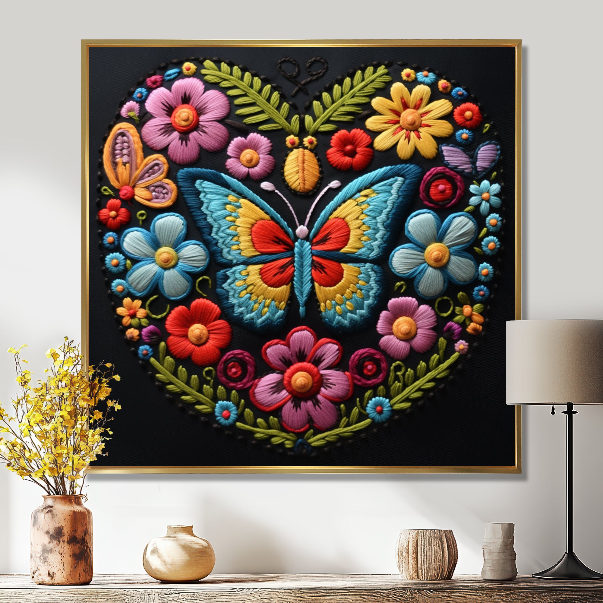 Floral Boho Papillon Embroidery - Butterfly Wall Decor