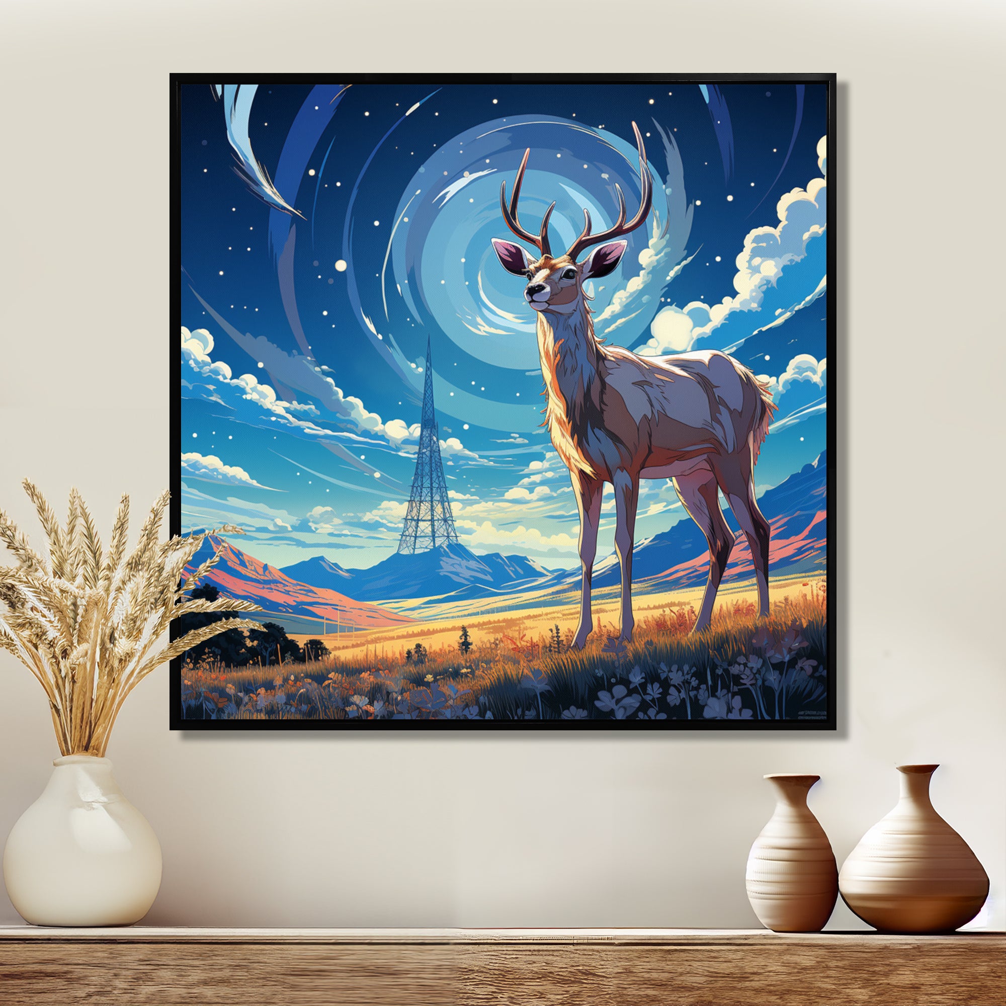 Nocturnal Deer On The Prairie - Blue Deer Landscape Mountains Wall Art