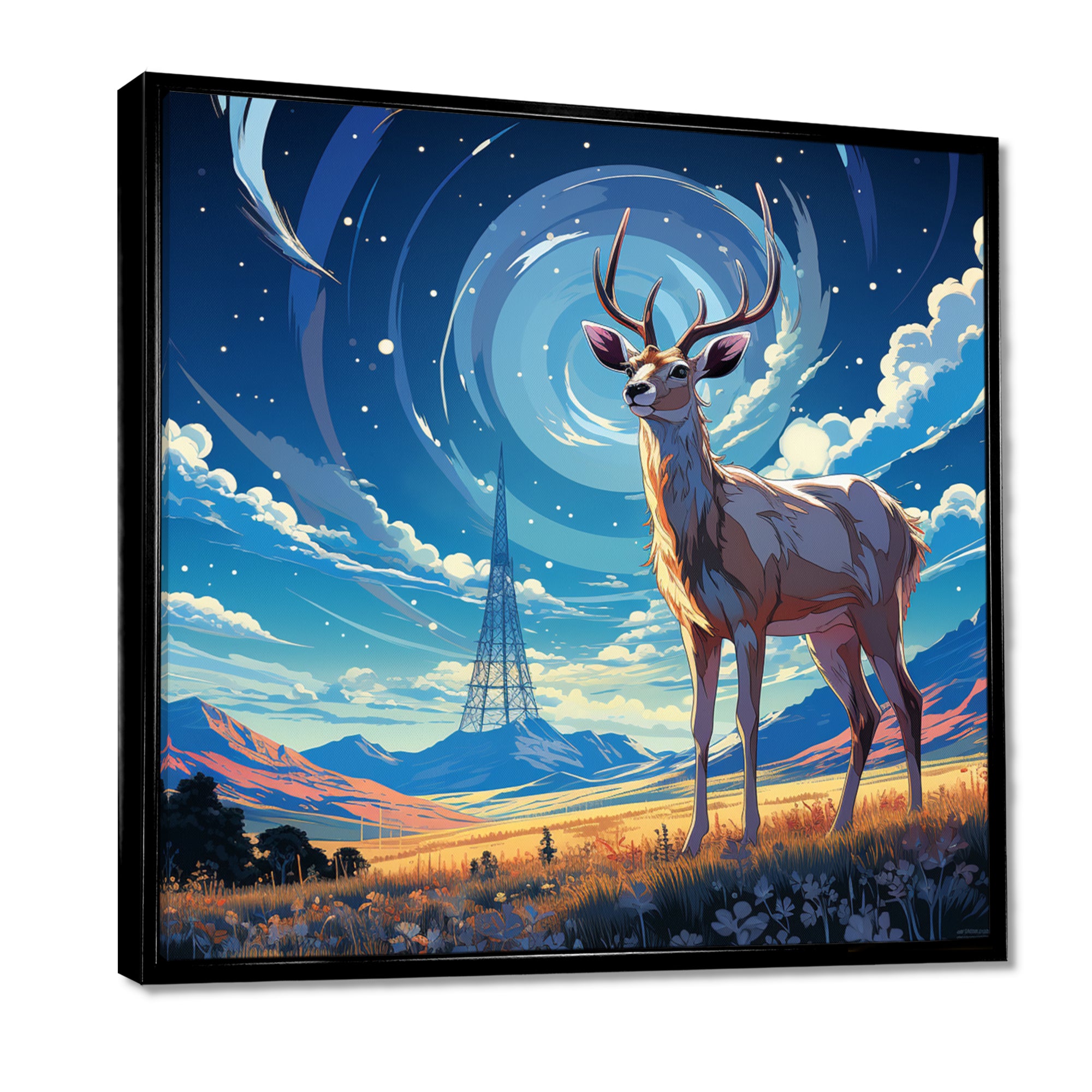 Nocturnal Deer On The Prairie - Blue Deer Landscape Mountains Wall Art