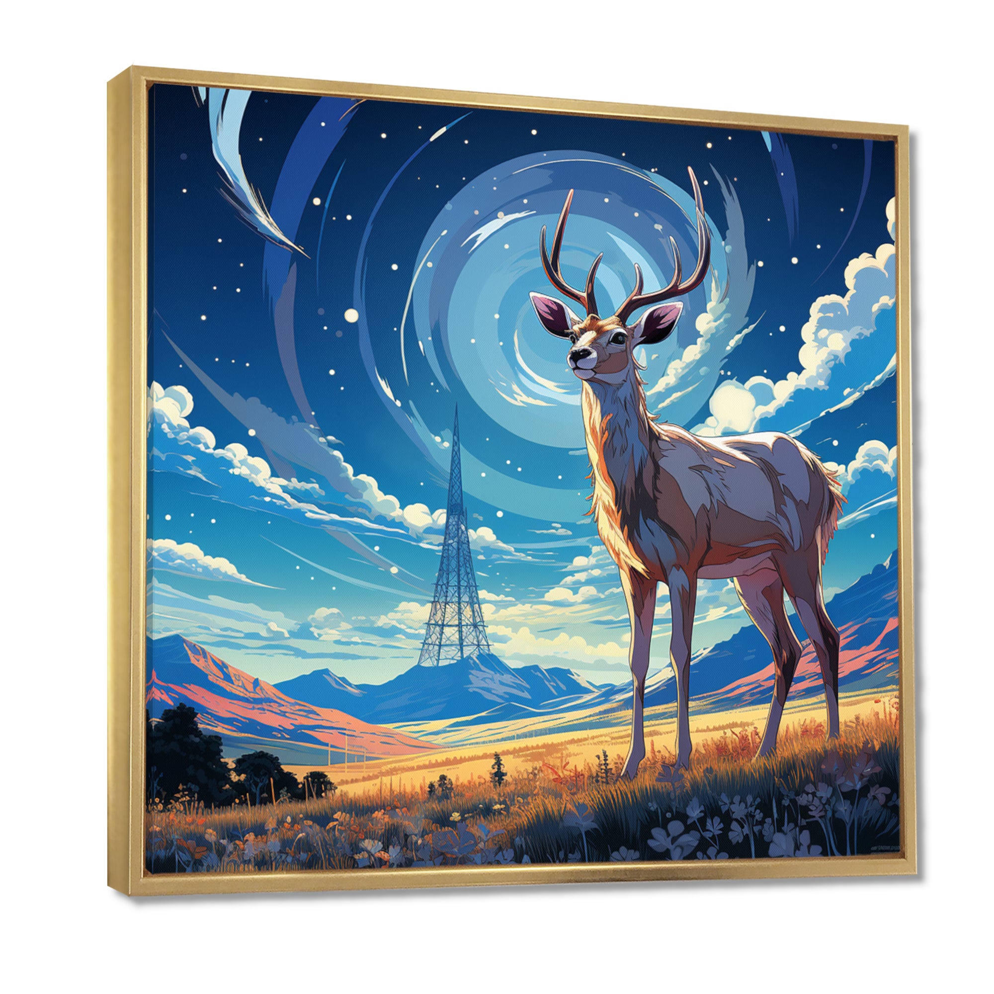 Nocturnal Deer On The Prairie - Blue Deer Landscape Mountains Wall Art