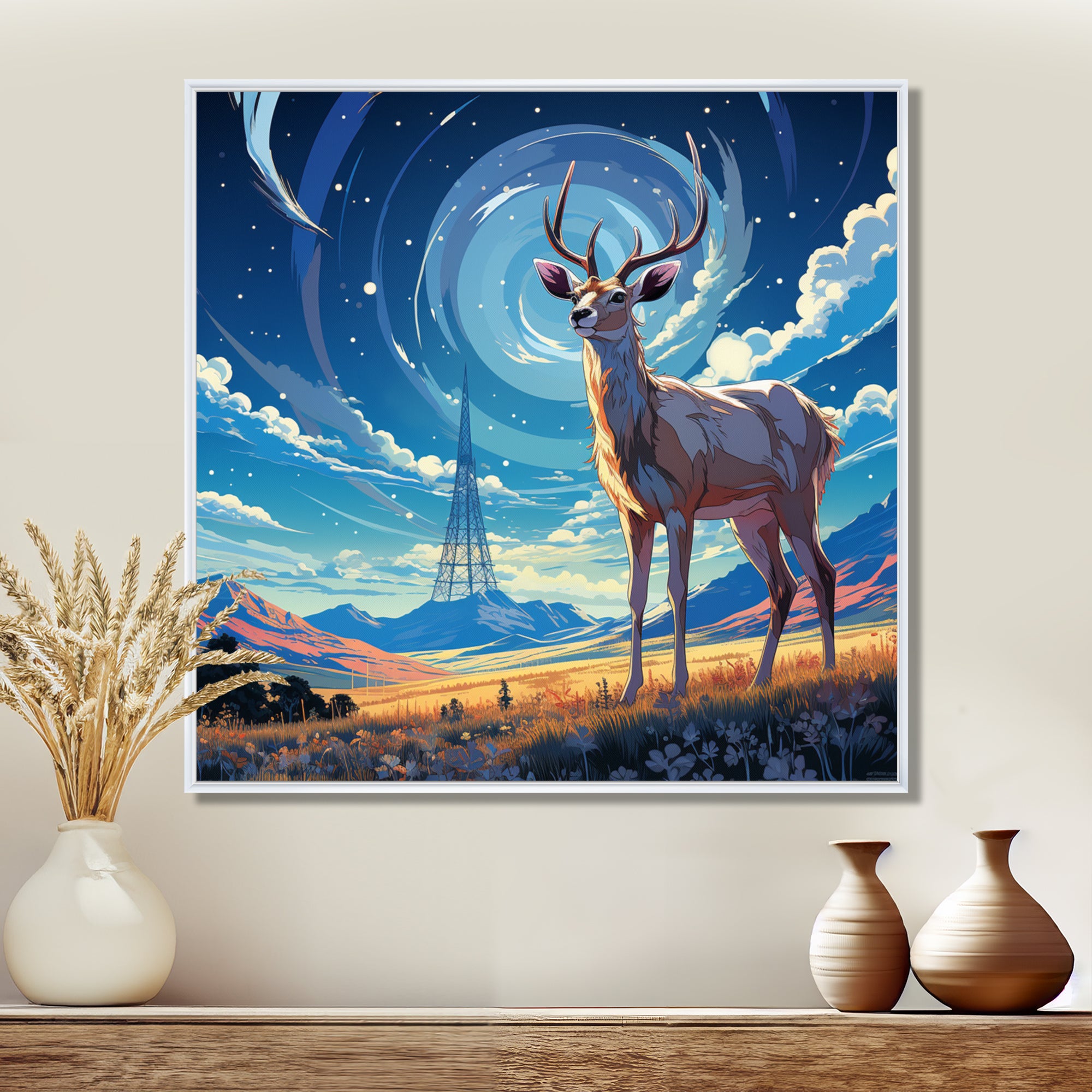 Nocturnal Deer On The Prairie - Blue Deer Landscape Mountains Wall Art