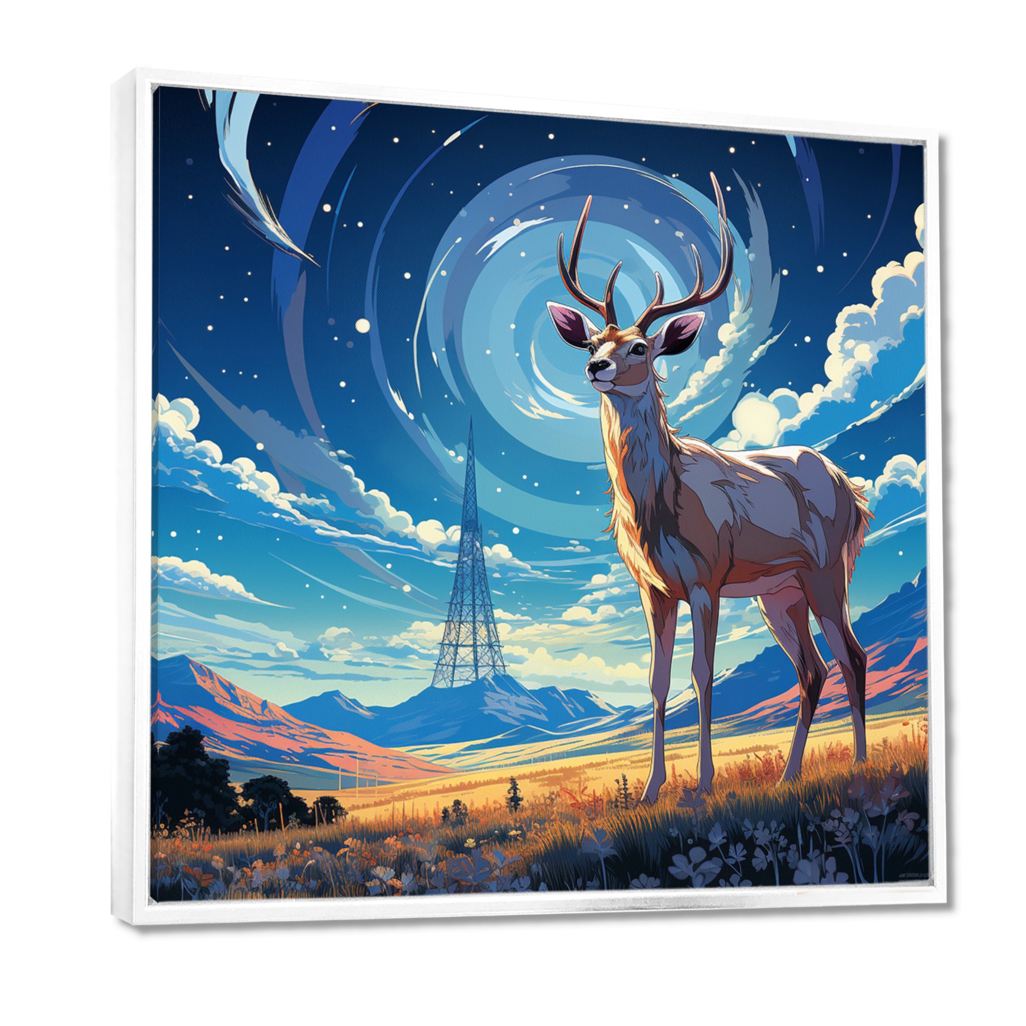 Nocturnal Deer On The Prairie - Blue Deer Landscape Mountains Wall Art