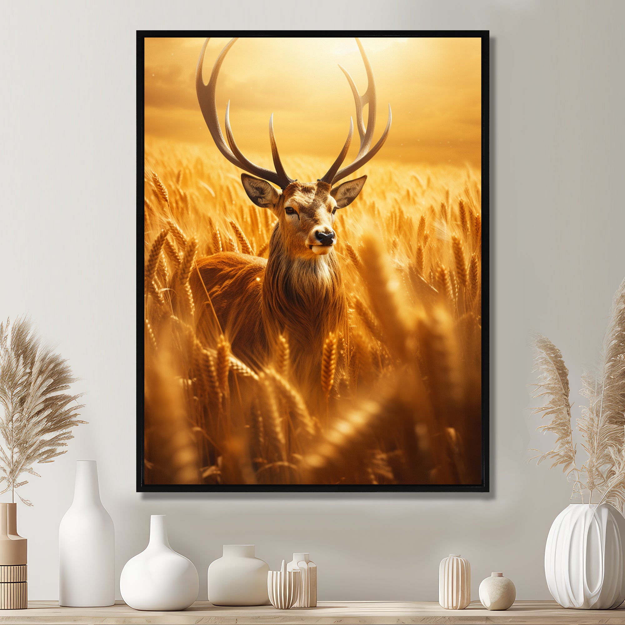 Noble Dear In Summer Wheatfields - Deer Landscape Framed Canvas Art