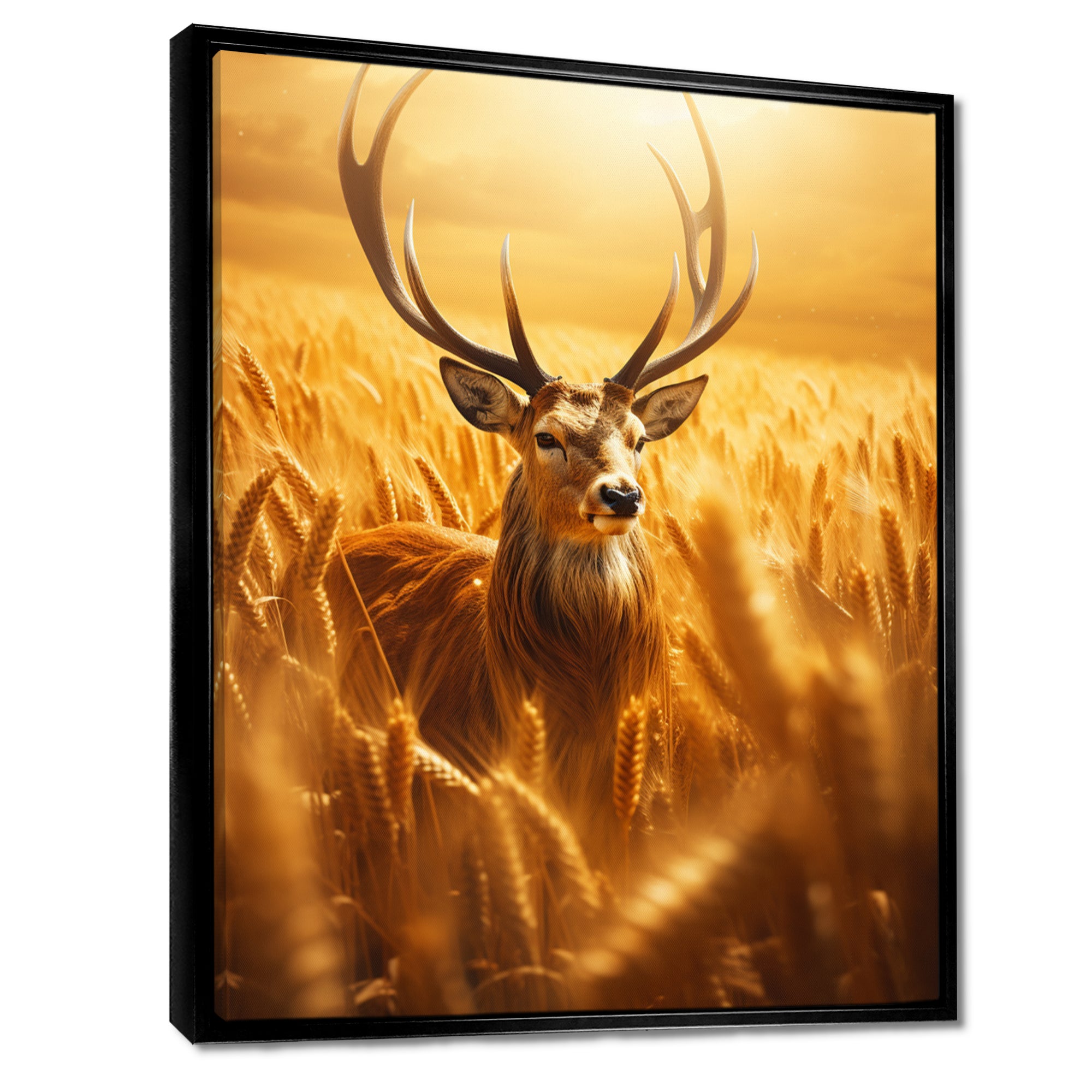 Noble Dear In Summer Wheatfields - Deer Landscape Framed Canvas Art