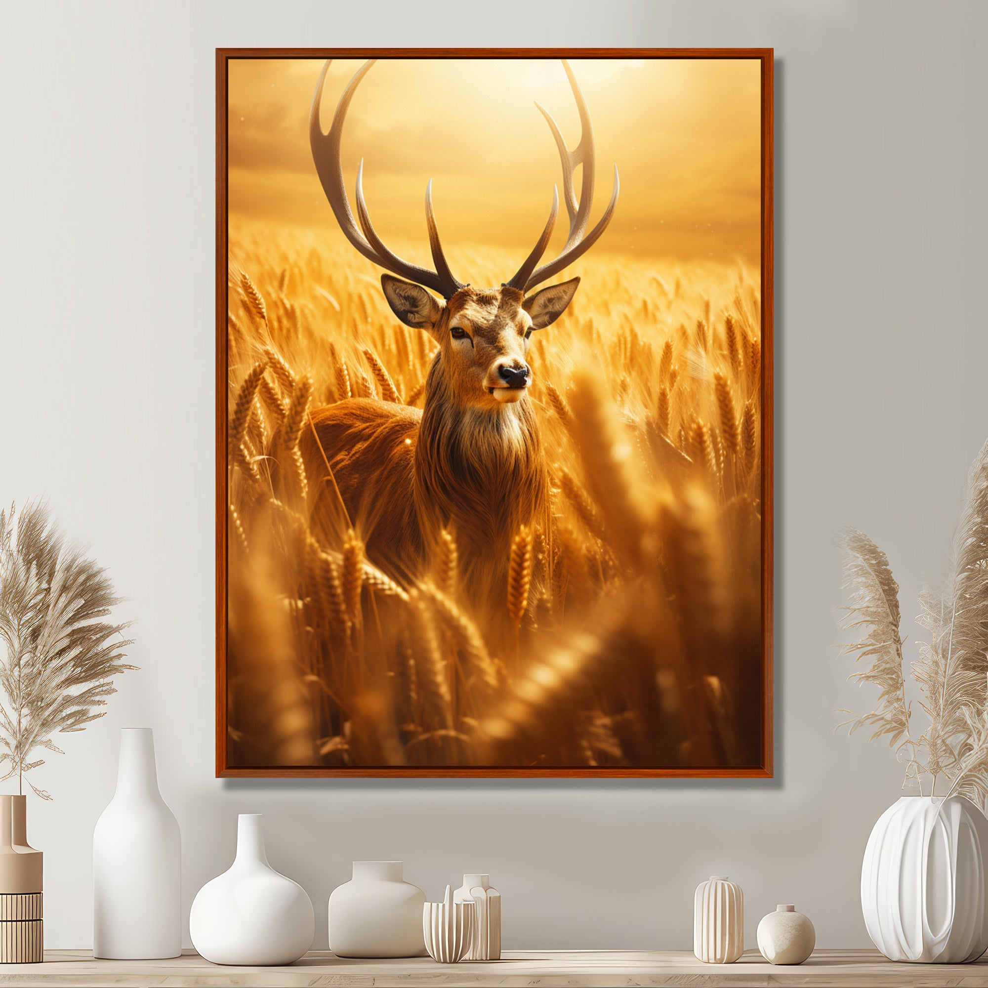 Noble Dear In Summer Wheatfields - Deer Landscape Framed Canvas Art