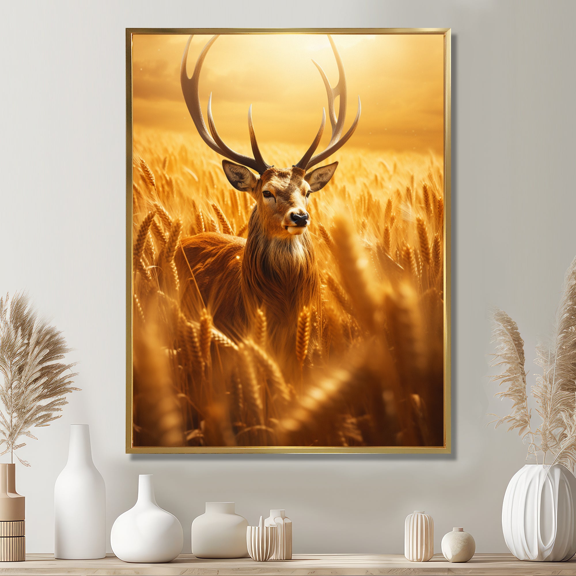 Noble Dear In Summer Wheatfields - Deer Landscape Framed Canvas Art