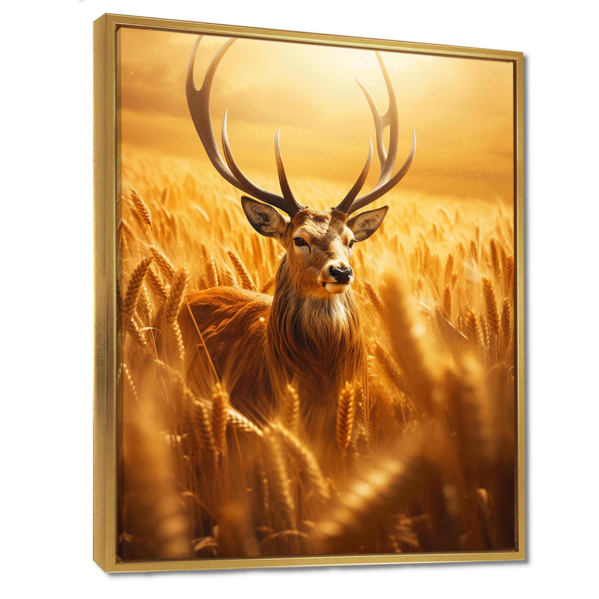 Noble Dear In Summer Wheatfields - Deer Landscape Framed Canvas Art
