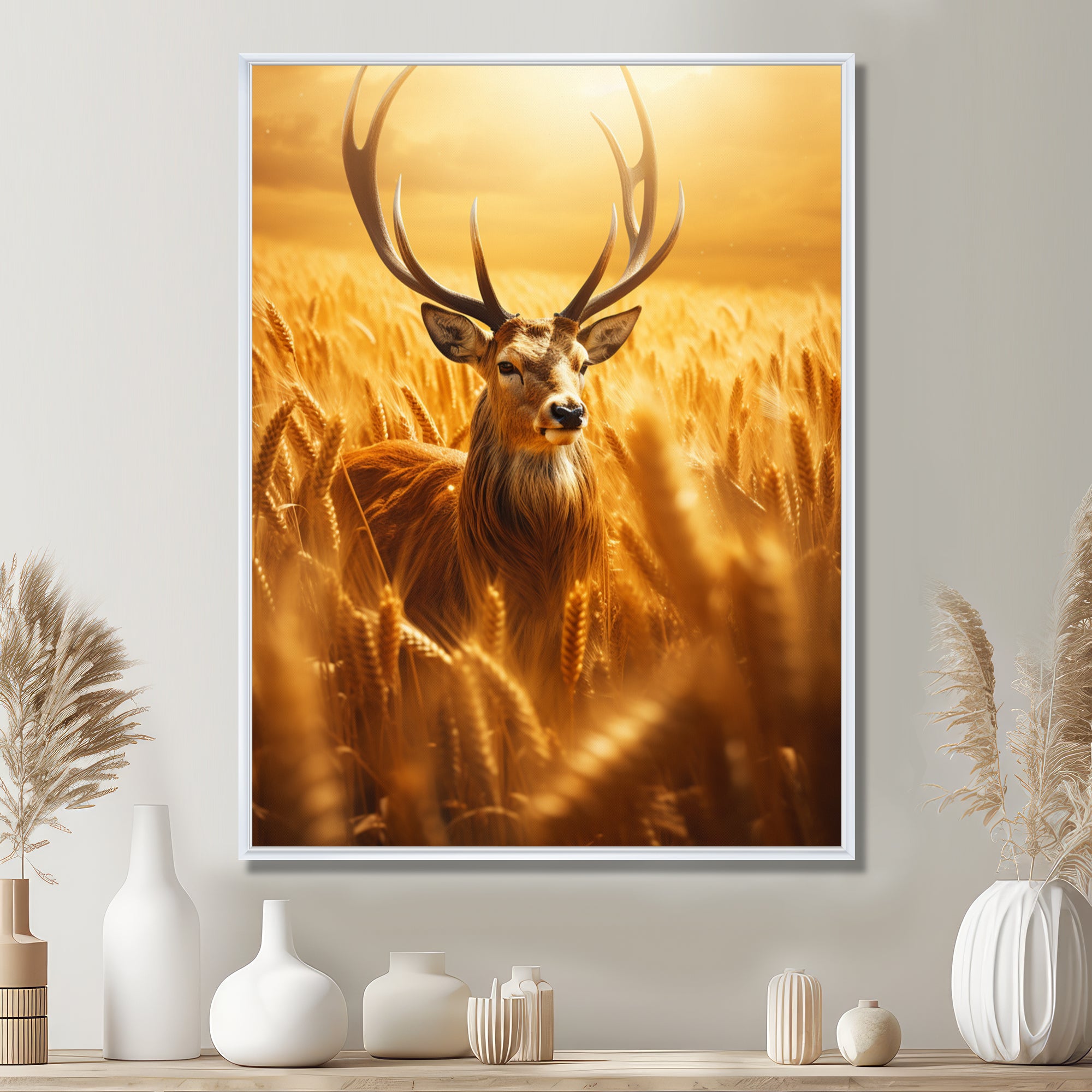 Noble Dear In Summer Wheatfields - Deer Landscape Framed Canvas Art