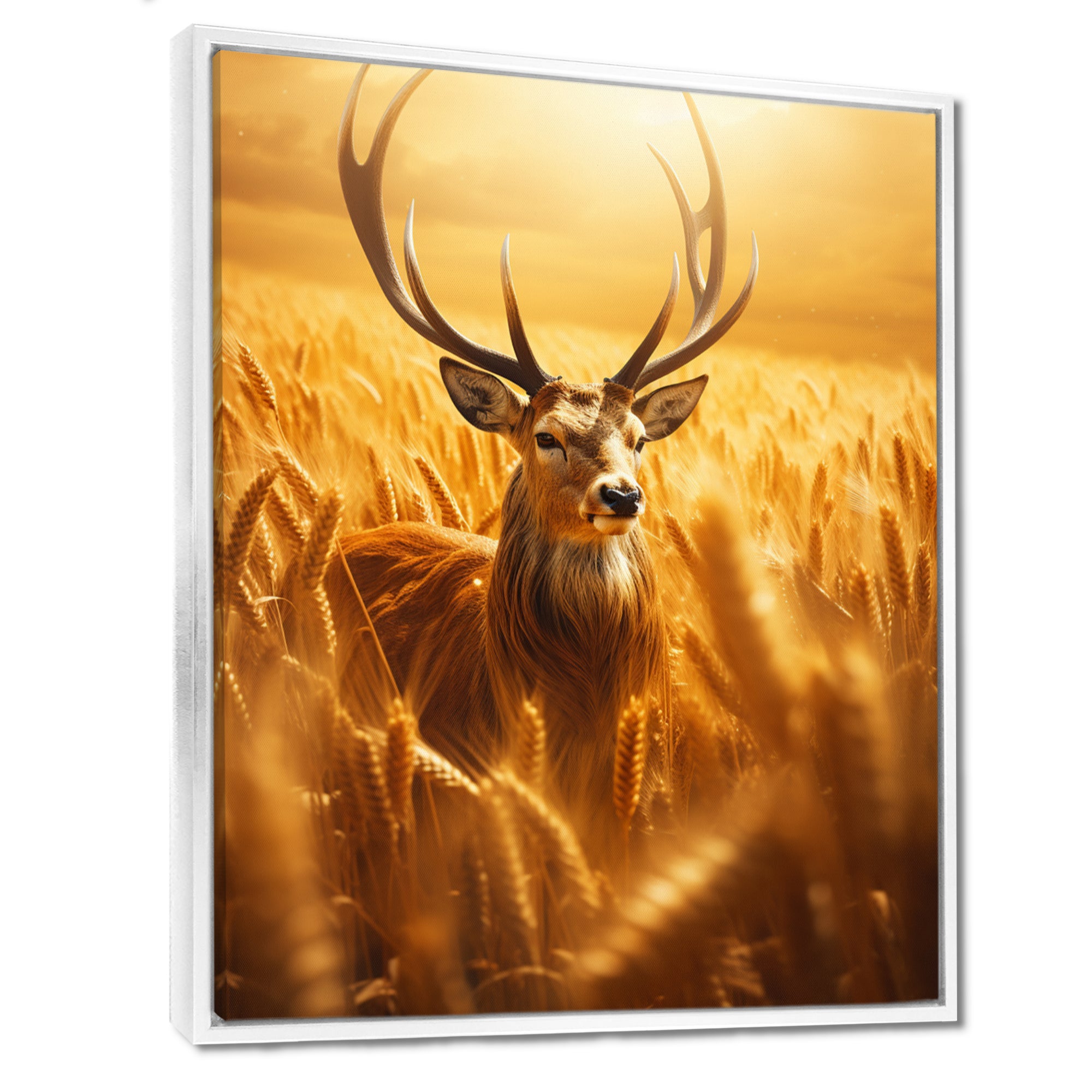 Noble Dear In Summer Wheatfields - Deer Landscape Framed Canvas Art
