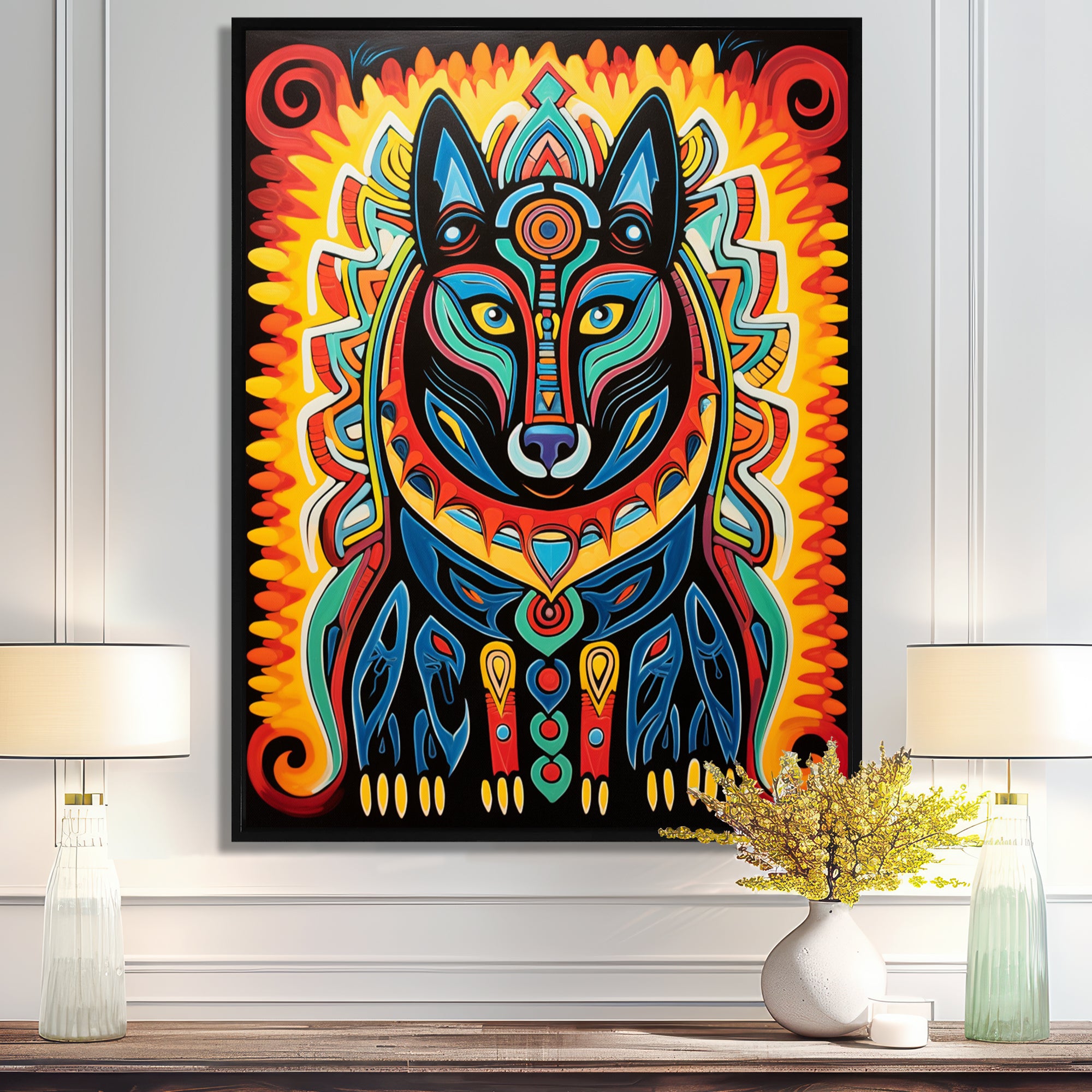 Radiant Boho Portrait Of Ethnic Black Dog - Multi-Color Dog Wall Art