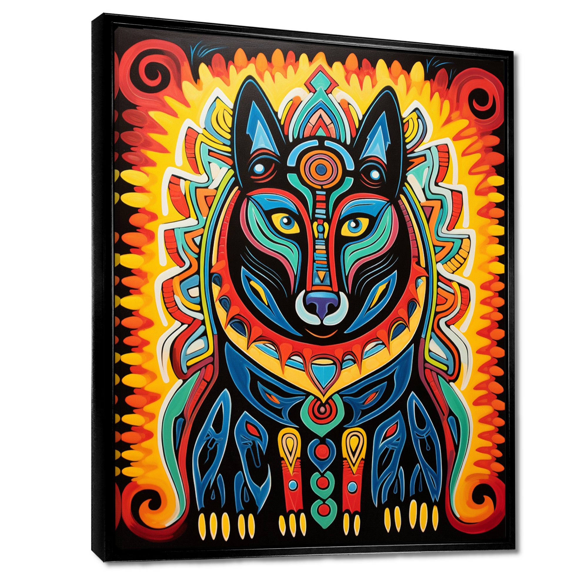 Radiant Boho Portrait Of Ethnic Black Dog - Multi-Color Dog Wall Art