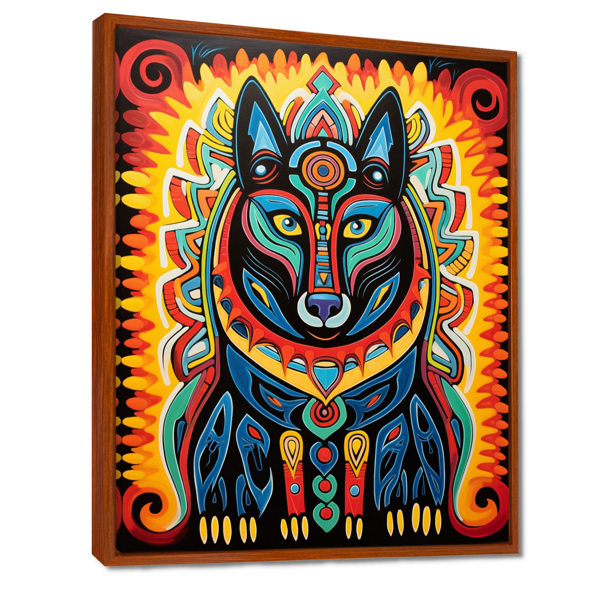 Radiant Boho Portrait Of Ethnic Black Dog - Multi-Color Dog Wall Art
