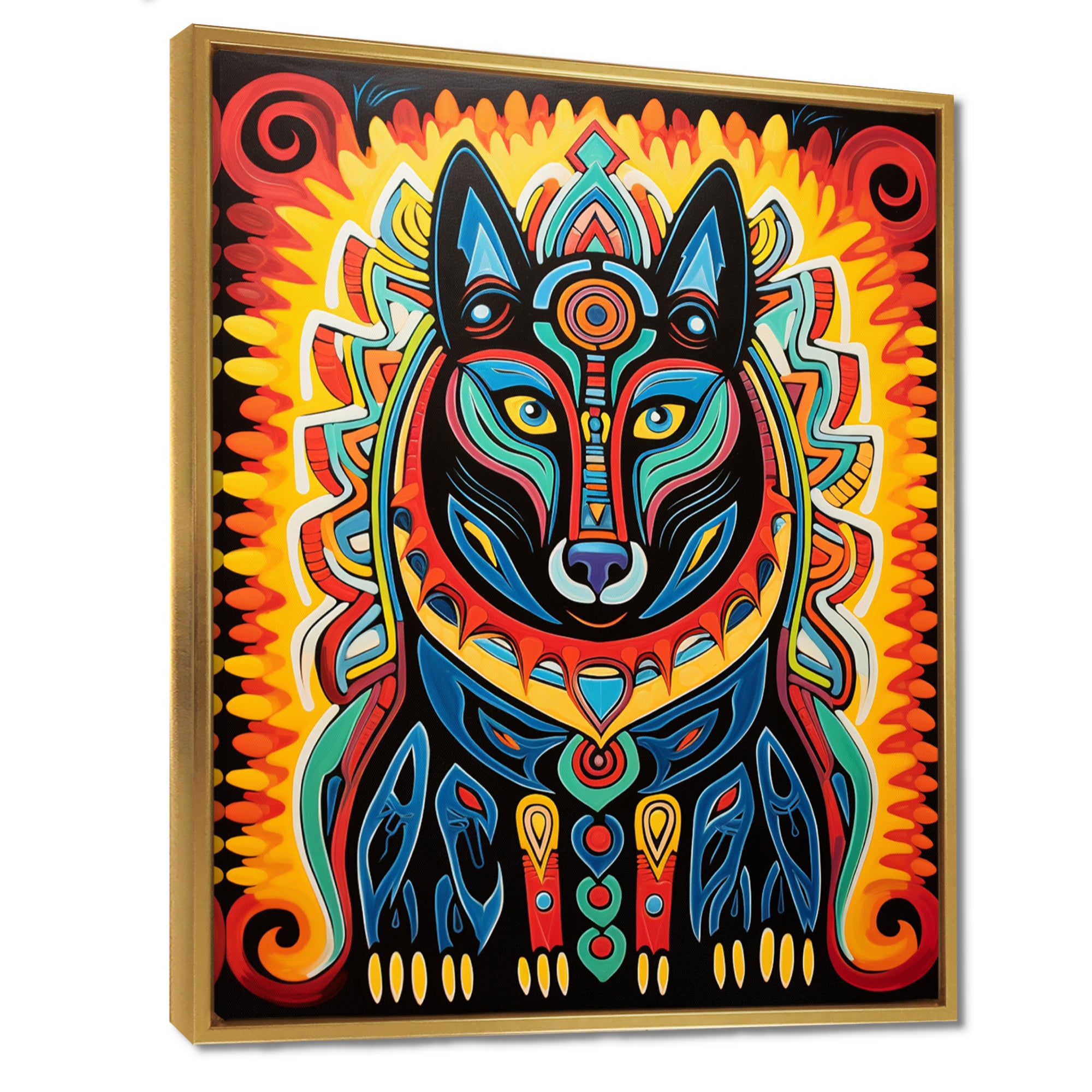 Radiant Boho Portrait Of Ethnic Black Dog - Multi-Color Dog Wall Art