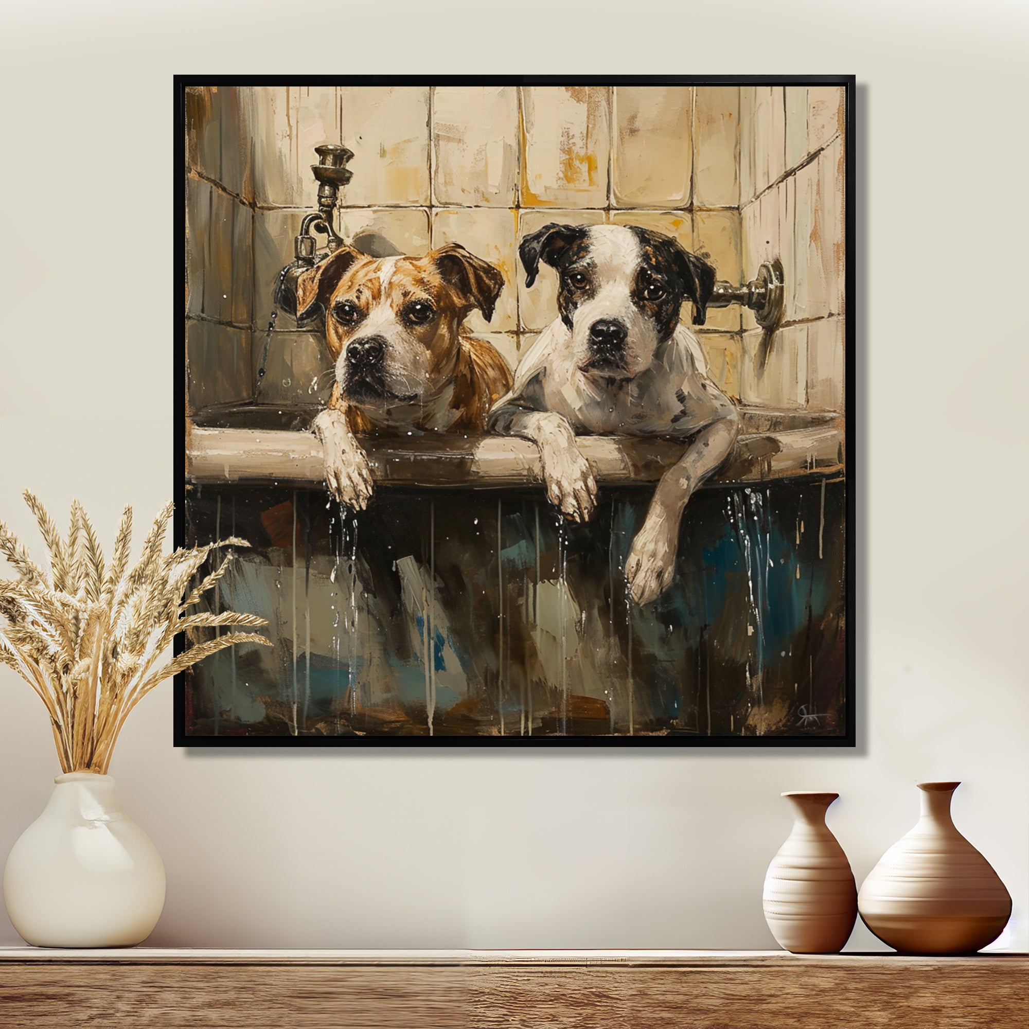 Two Dogs In The Bathtub Vintage - Brown Dog Bathroom Wall Art