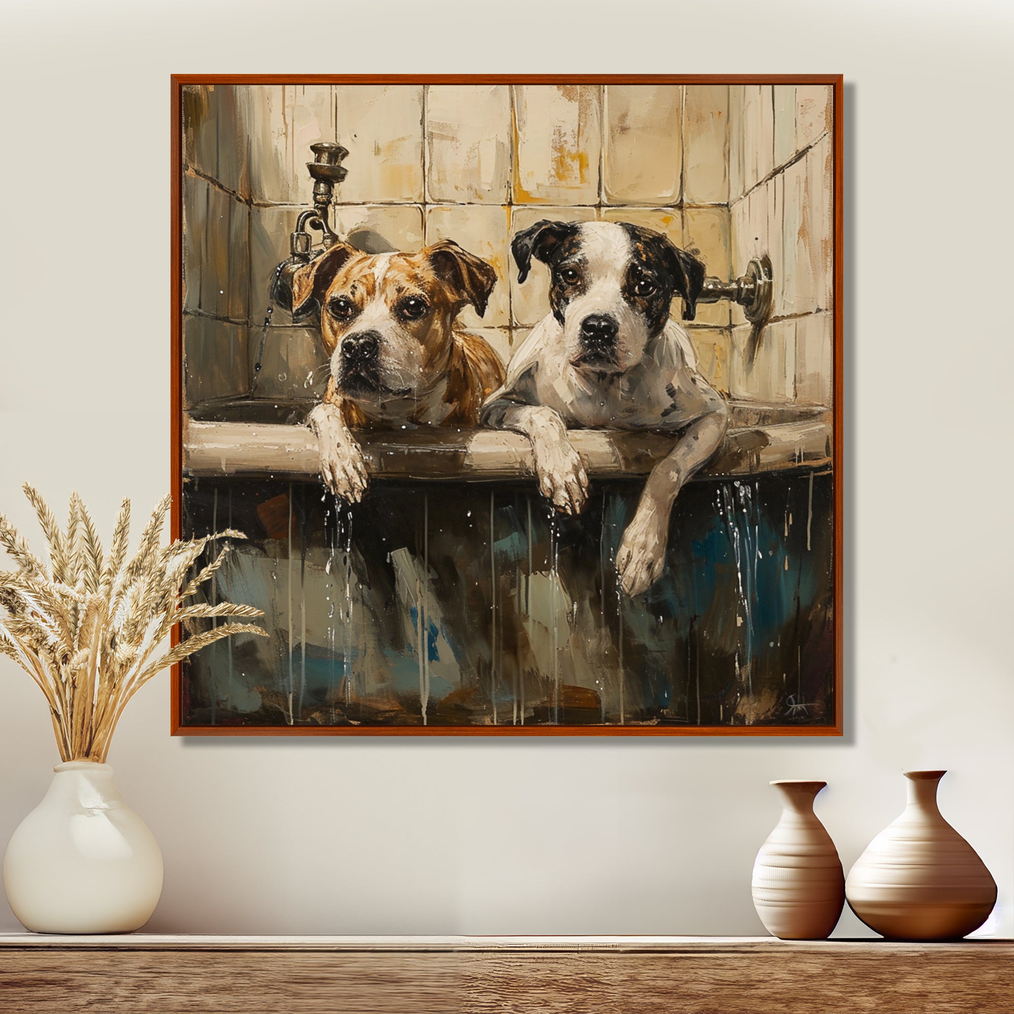 Two Dogs In The Bathtub Vintage - Brown Dog Bathroom Wall Art
