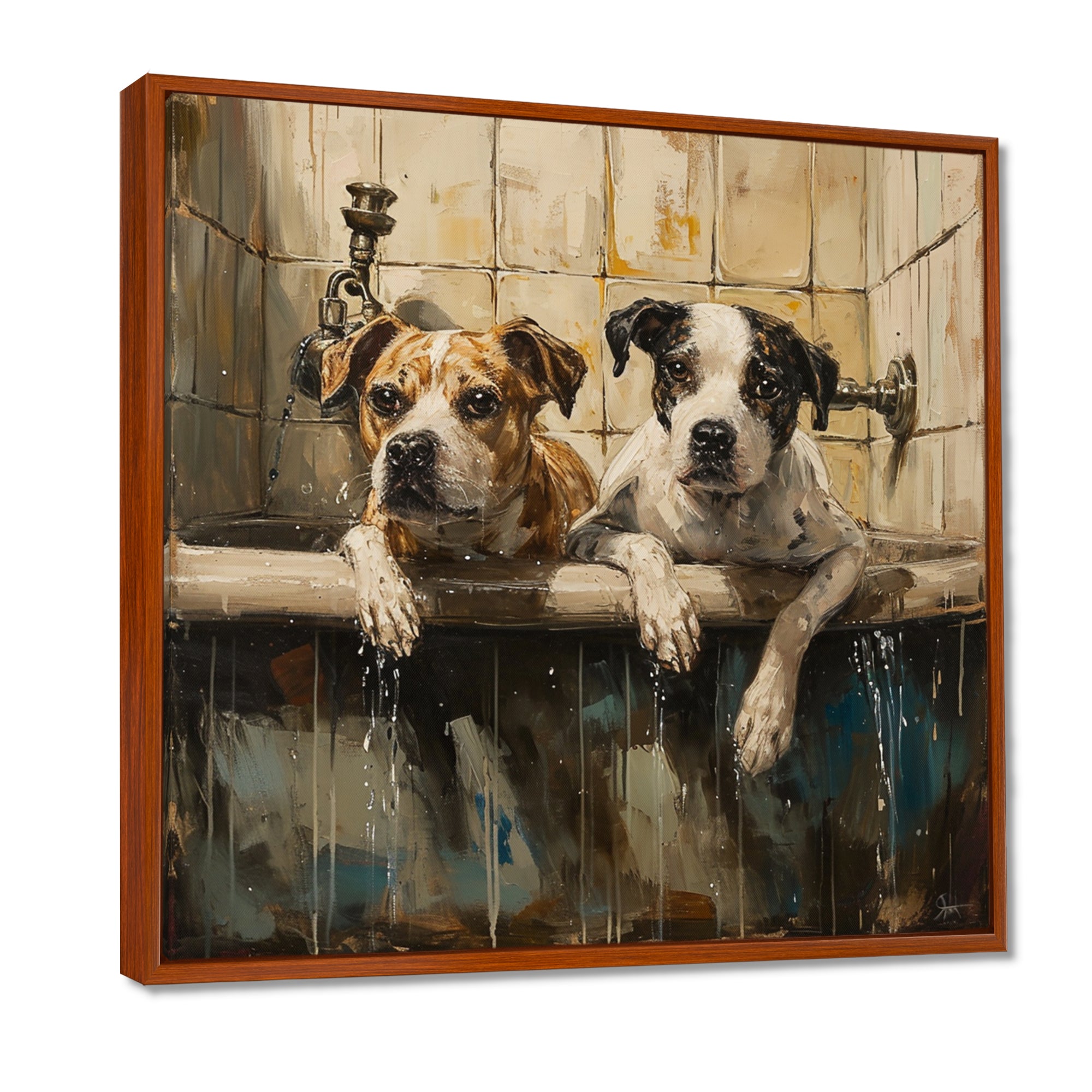 Two Dogs In The Bathtub Vintage - Brown Dog Bathroom Wall Art