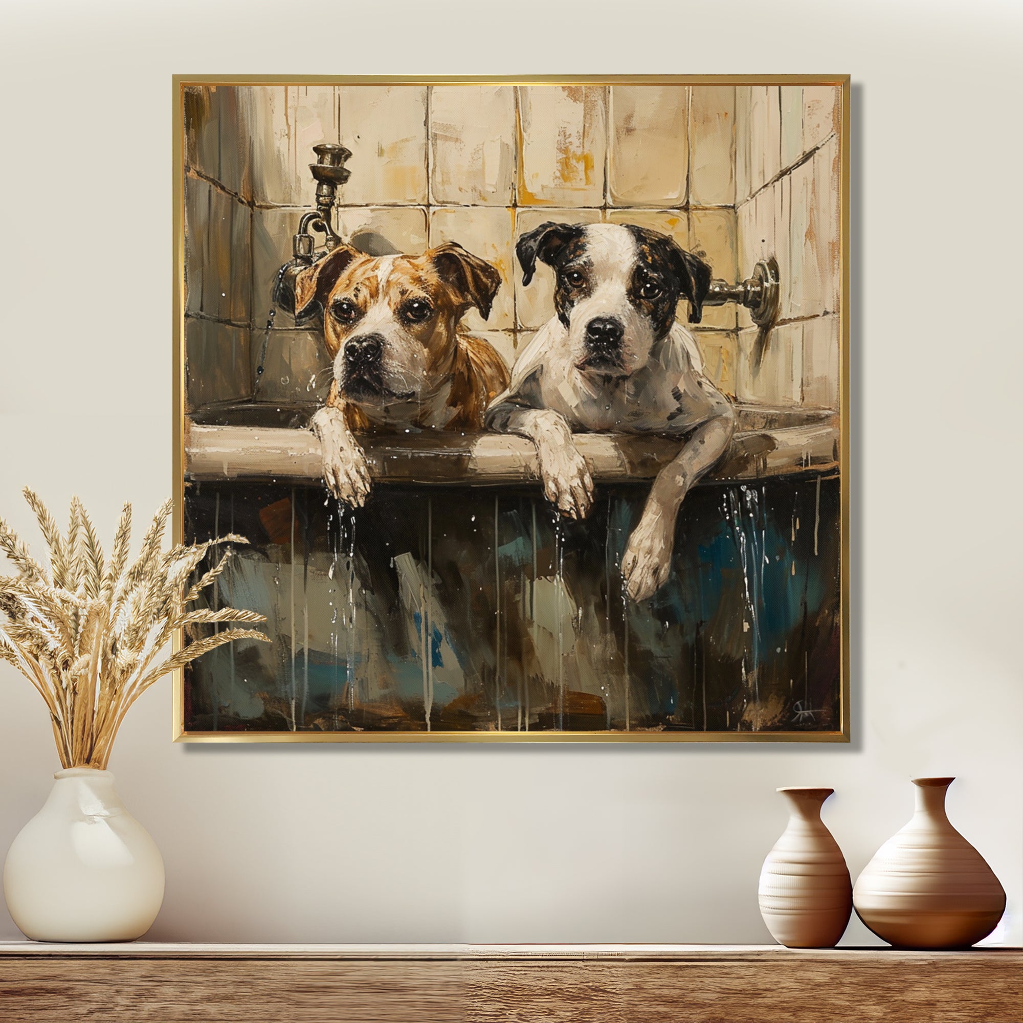 Two Dogs In The Bathtub Vintage - Brown Dog Bathroom Wall Art