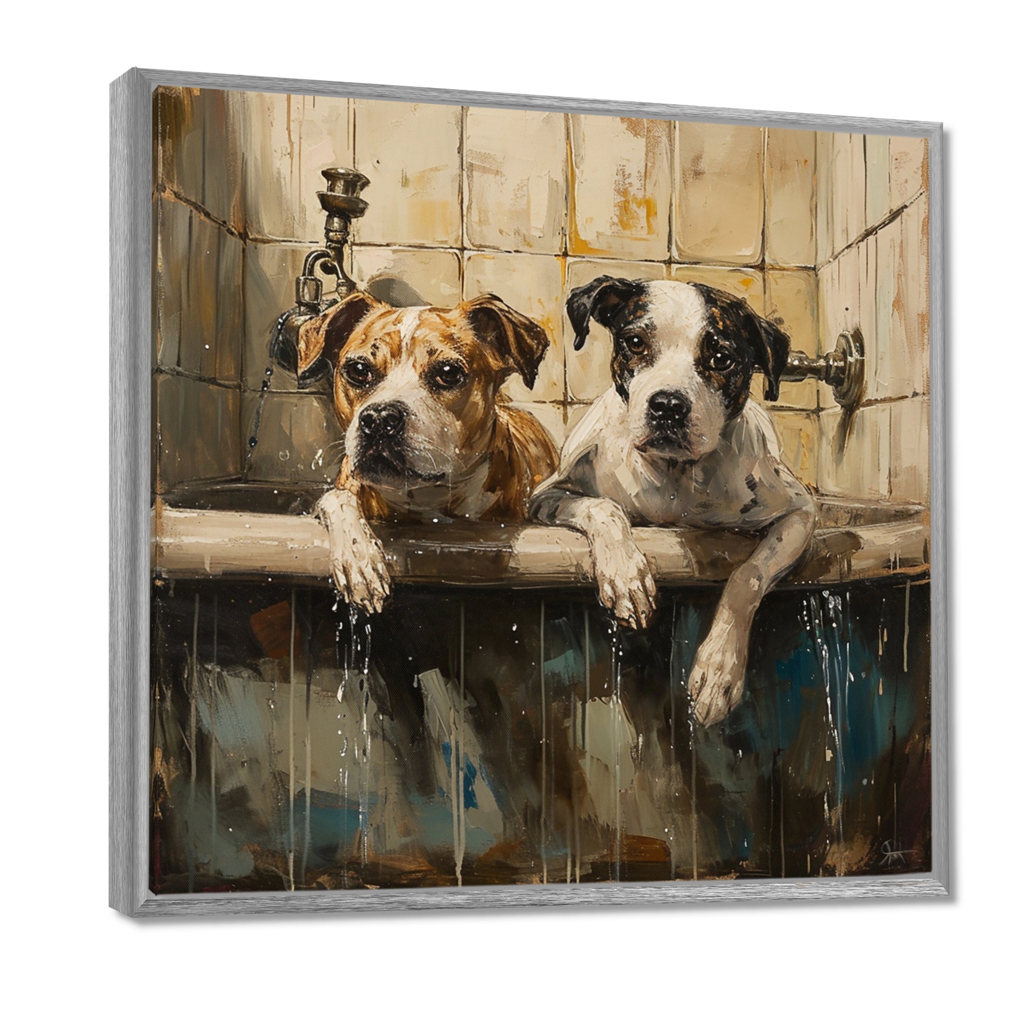 Two Dogs In The Bathtub Vintage - Brown Dog Bathroom Wall Art