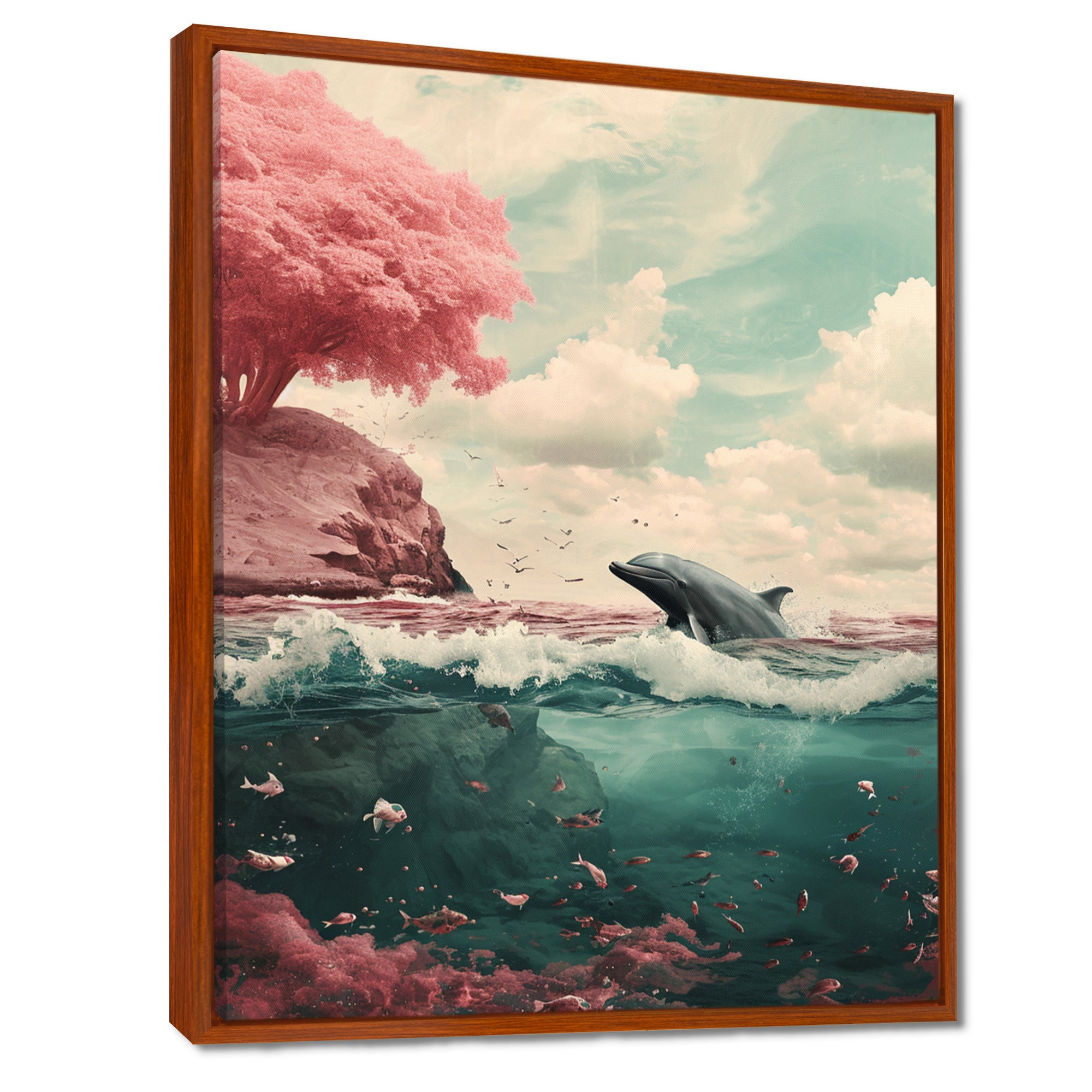 Dolphin In The Ocean By The Cherry Blossom Tree - Dolphin Framed Canvas Art